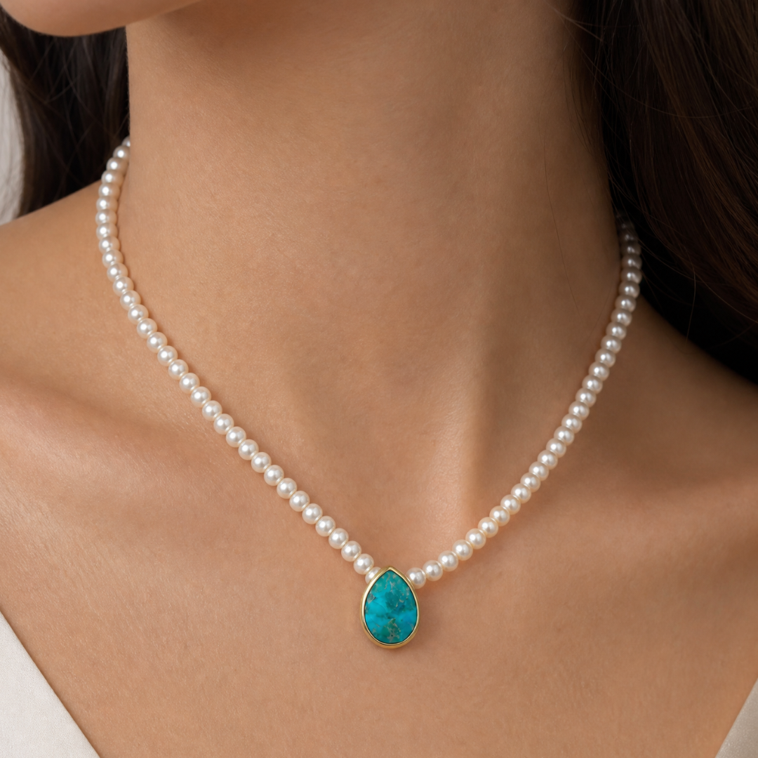 Turquoise Bezel stone Pearl Necklace