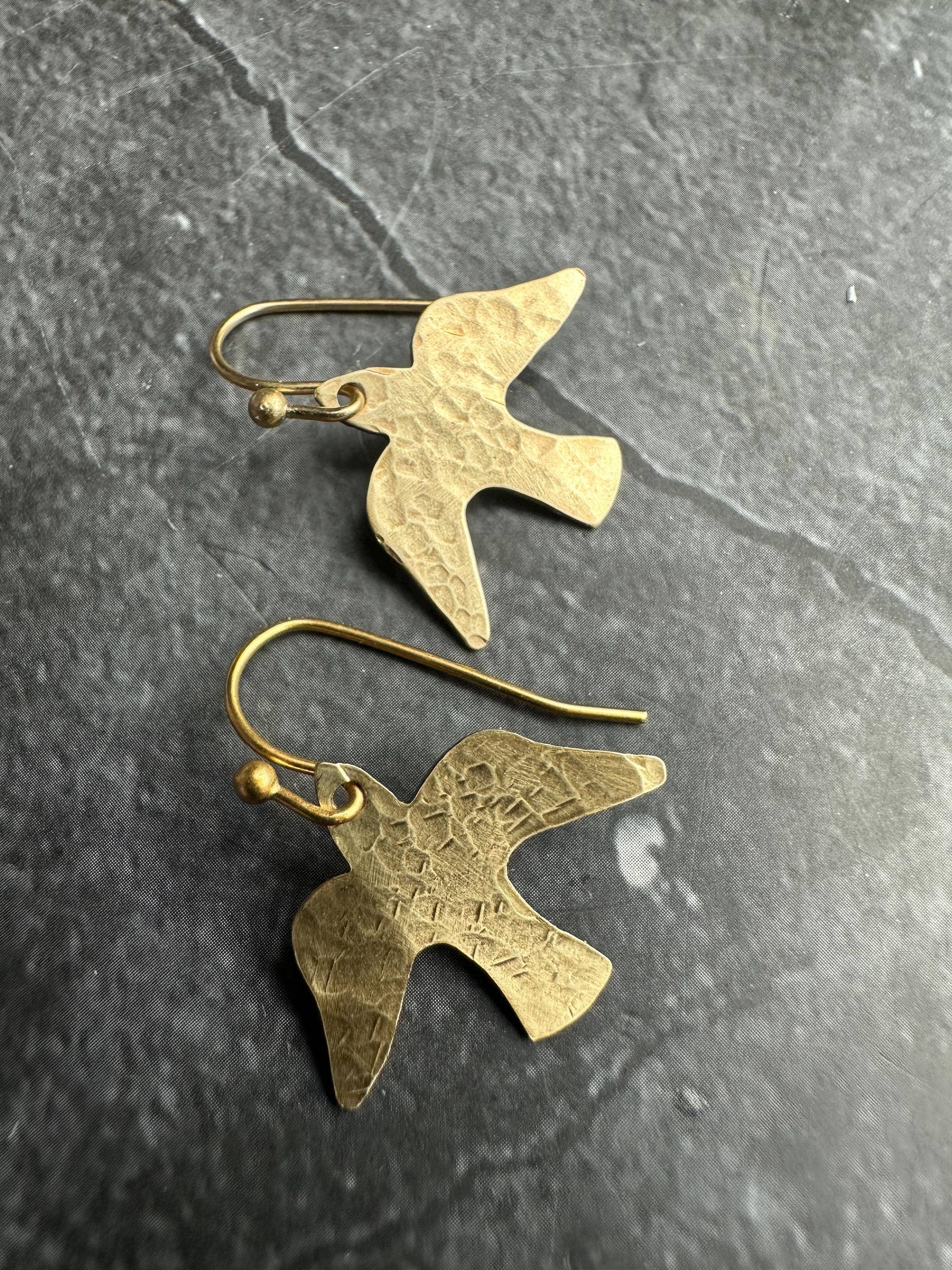 Minimal Bird Earrings - Small Hammered Brass Sparrow Drops