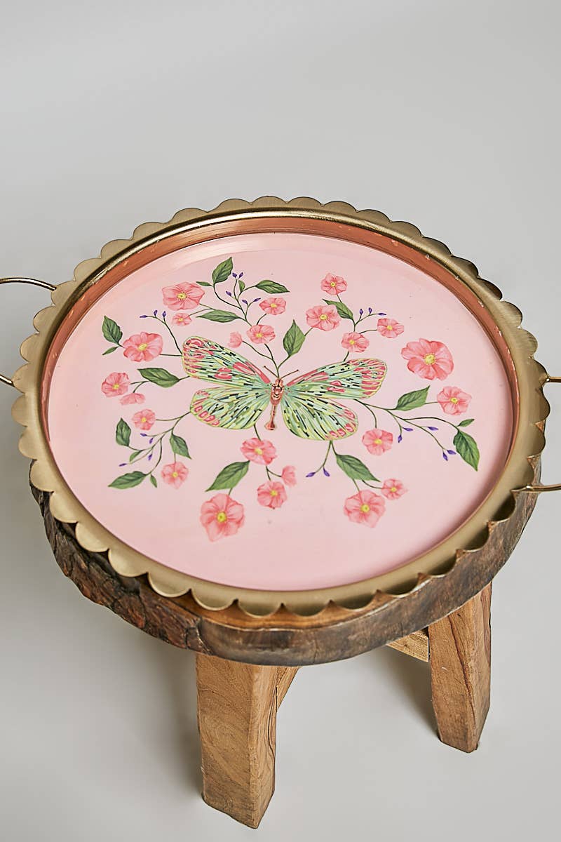 Butterfly Pattern Scalloped Round Serving Tray