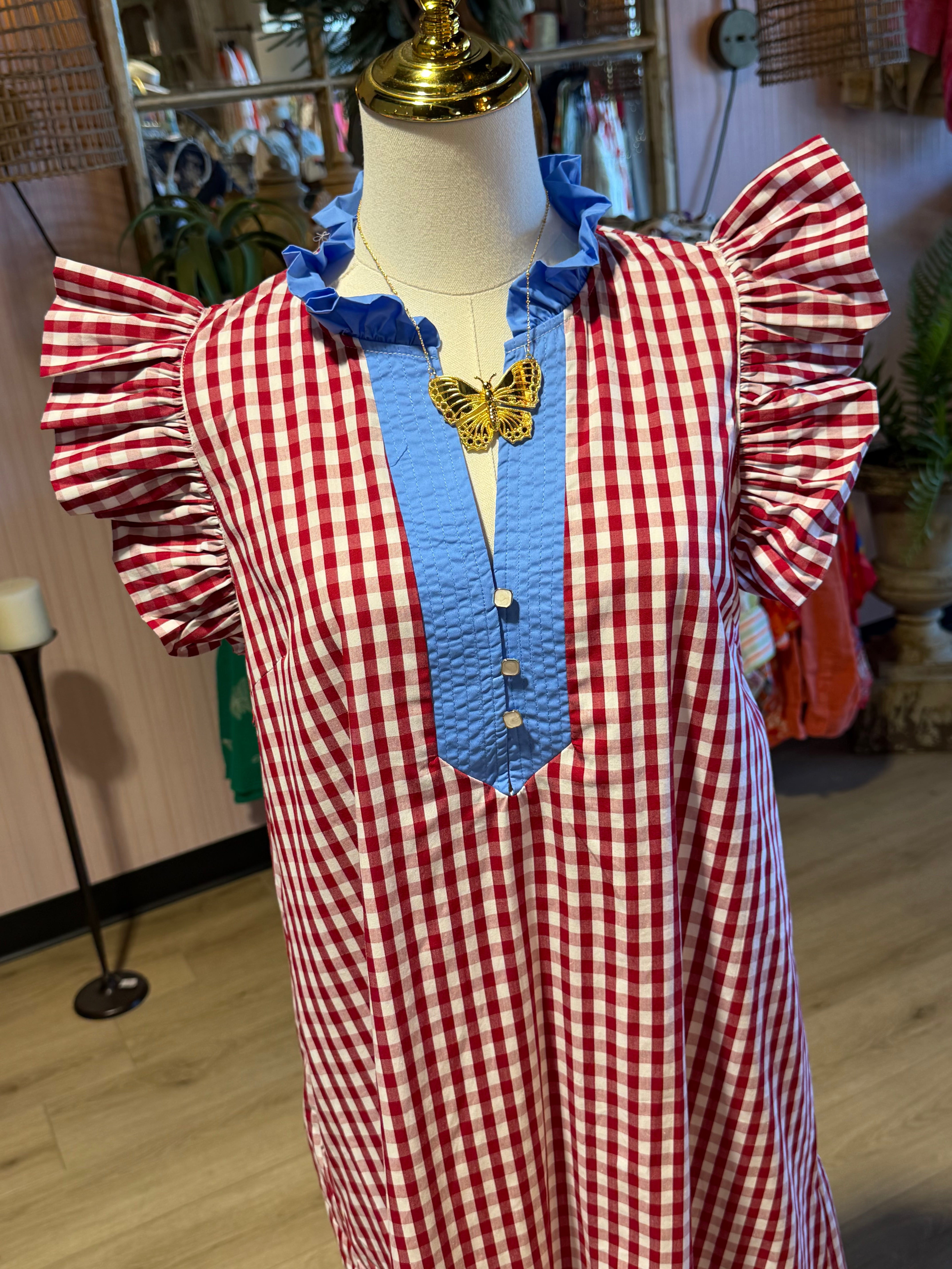NEW Gingham flutter sleeve midi dress