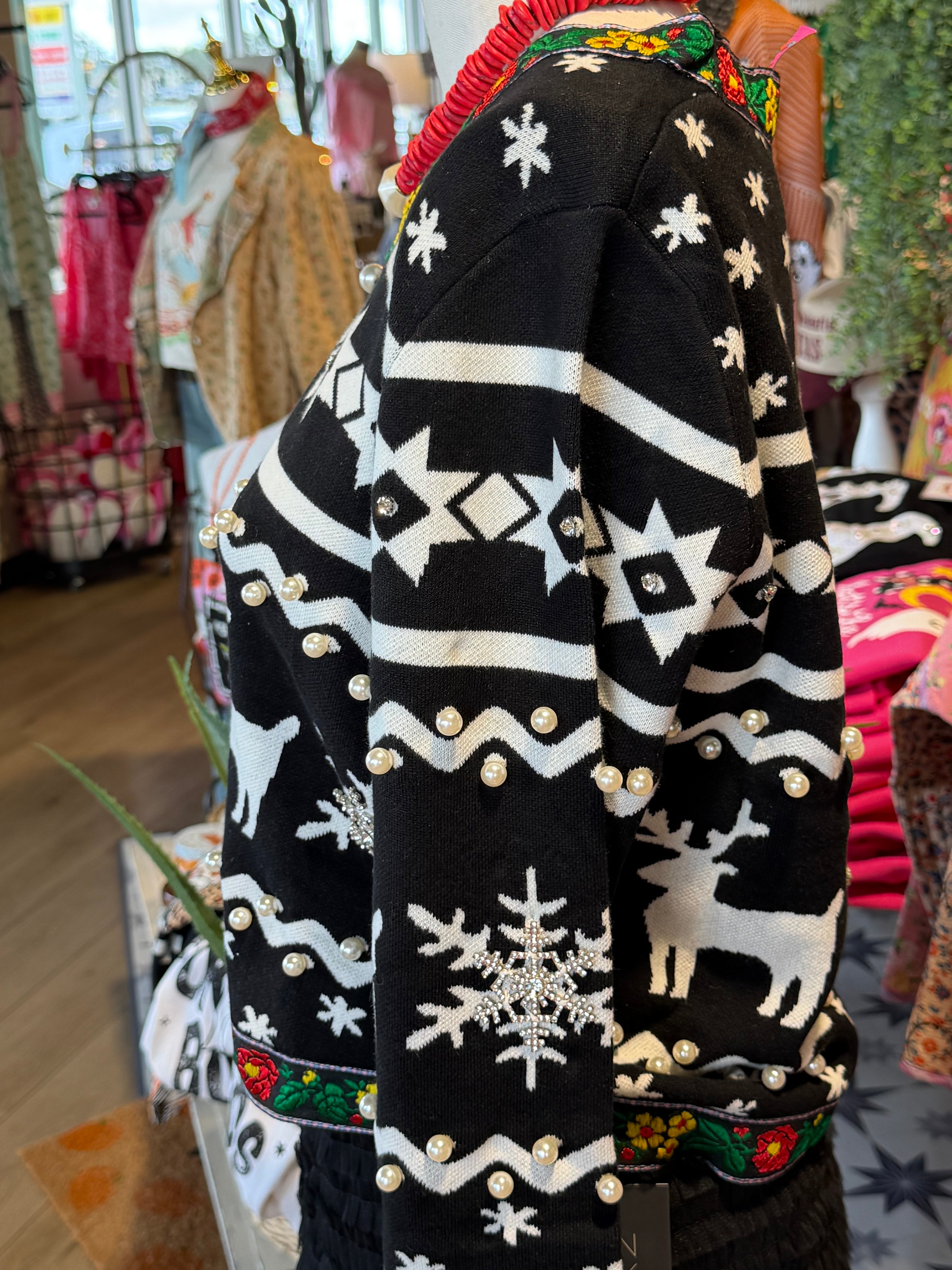 Flower Trim Reindeer Cardigan