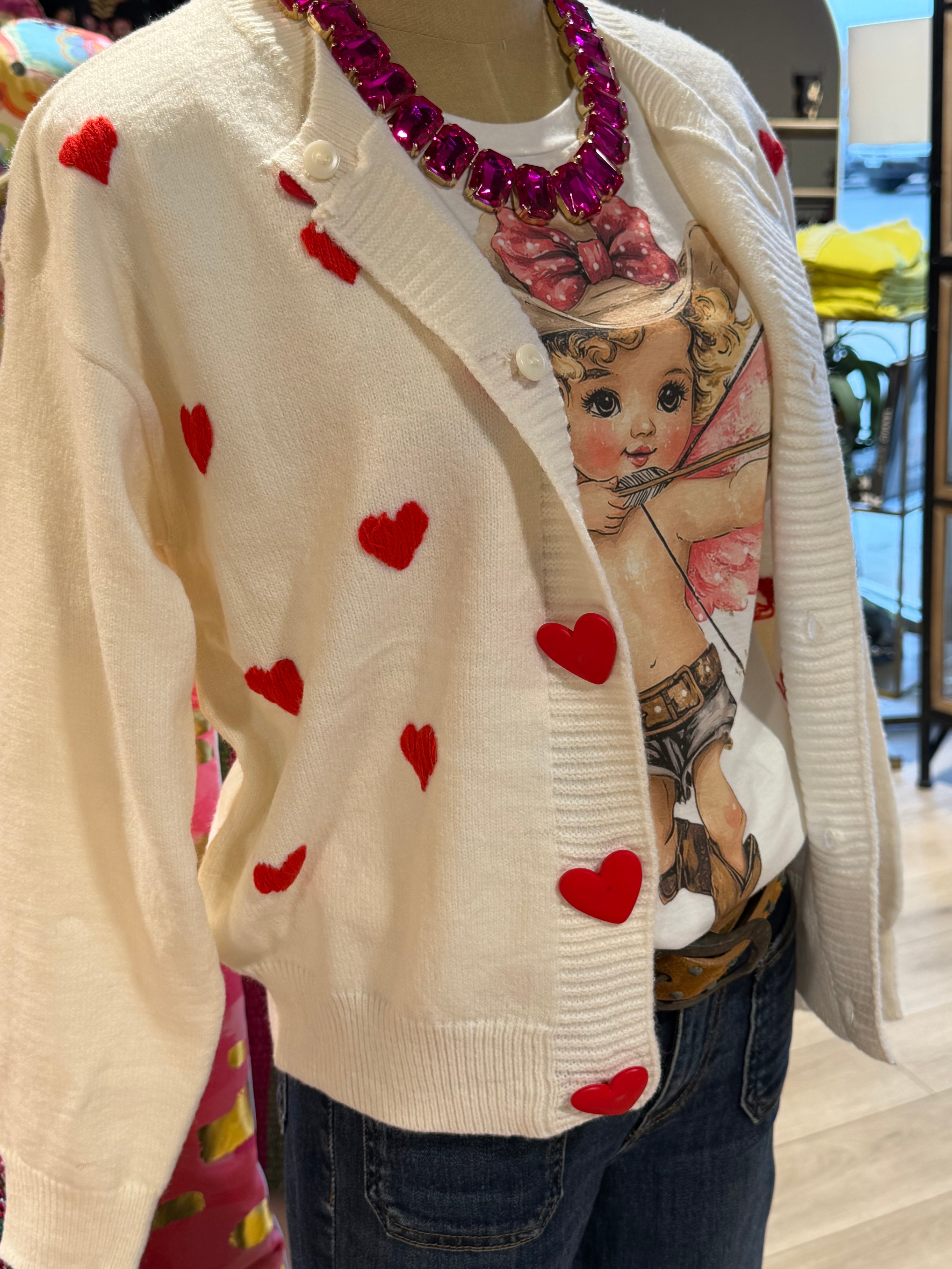 Puff Heart White Cardigan