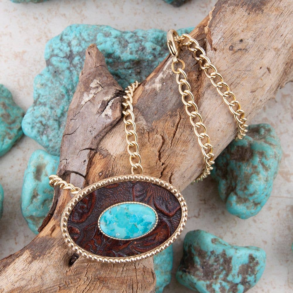 Blue Turquoise Rosette Leather Pendant Golden Chain Necklace