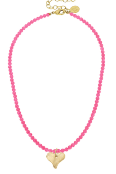 Gold Heart on Hot Pink Beaded Necklace