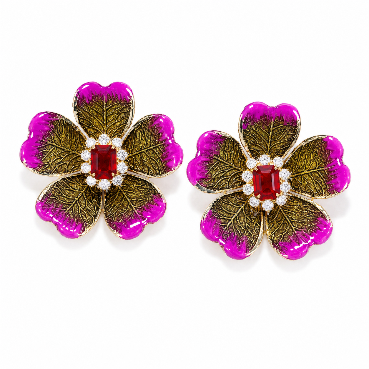 Leaves Floral Earring with Ruby Crystal
