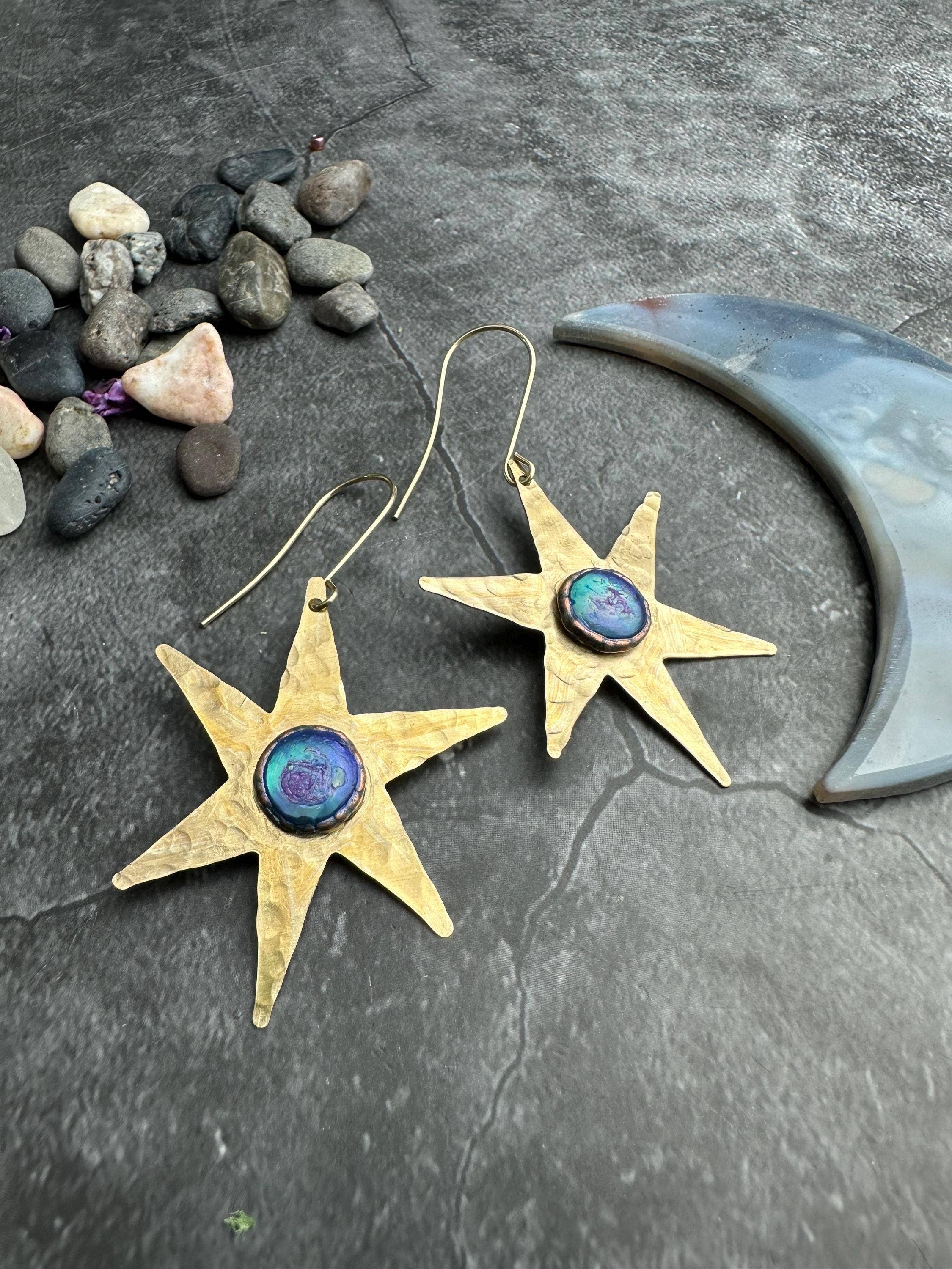 Celestial Star Earrings, Hammered Brass Dangle, Modern Cosmi
