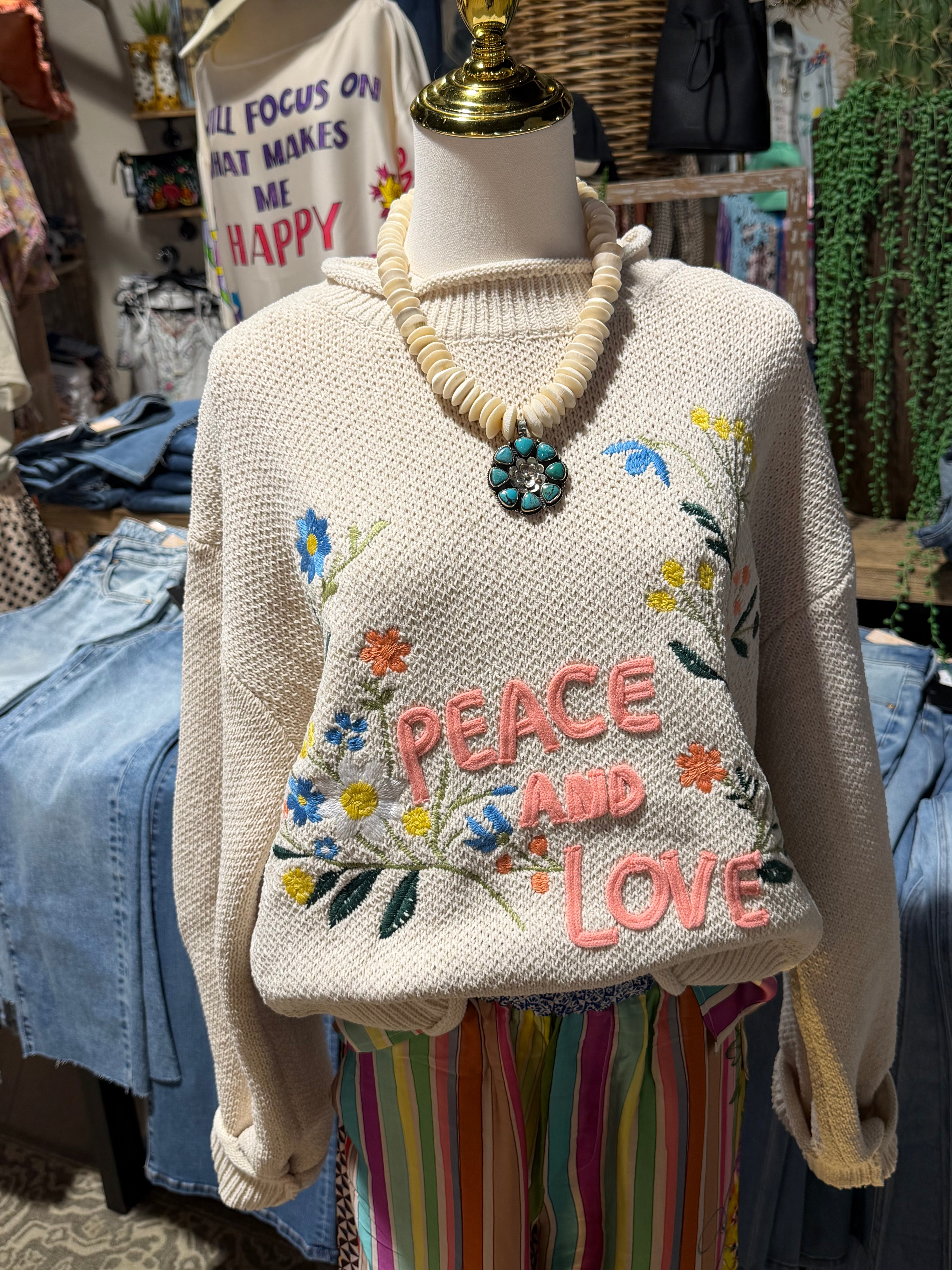 Floral Embroidery Peace Love Vintage Sweater