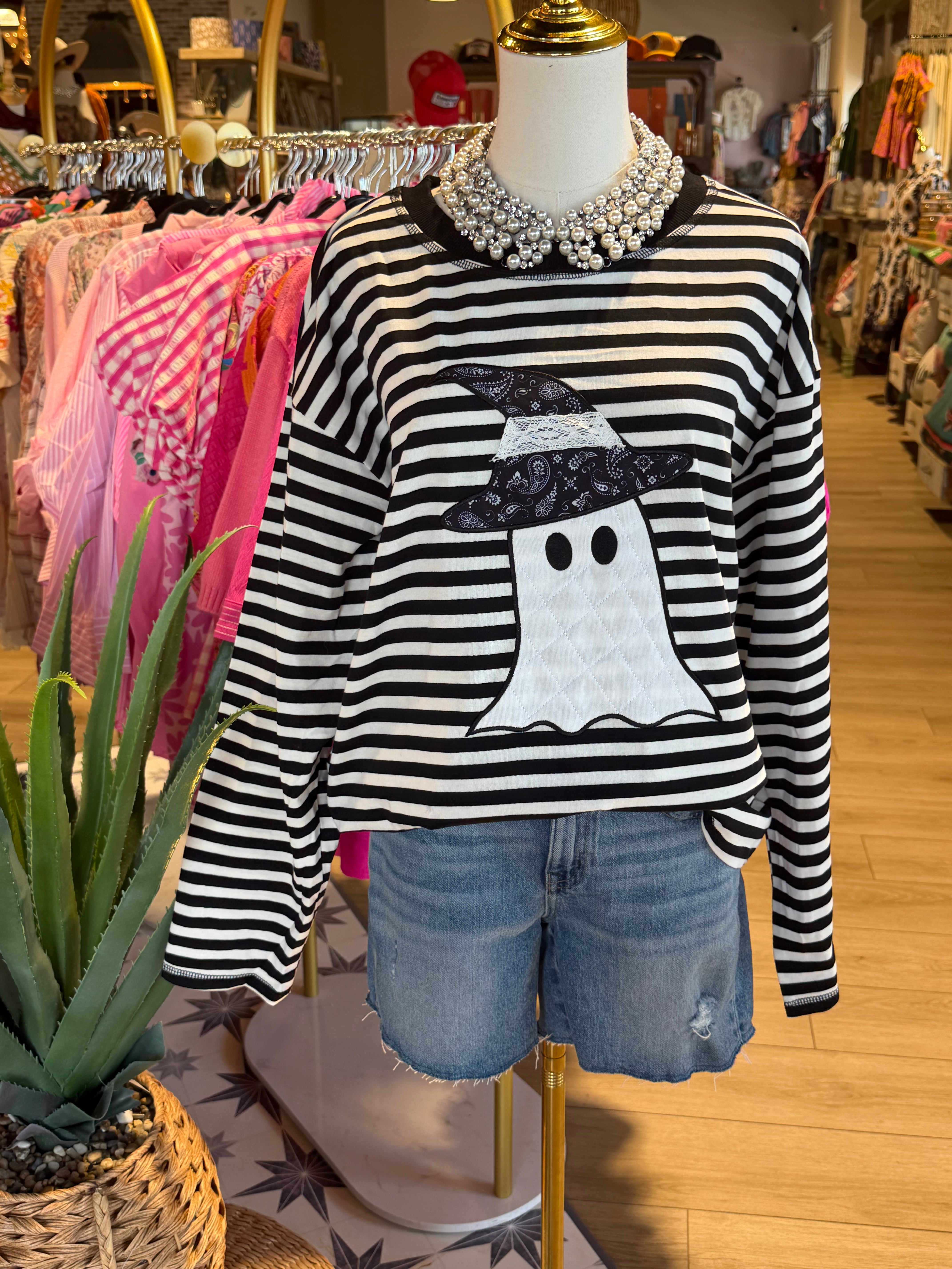 Halloween Ghost Appliqué Striped Long Sleeve Top