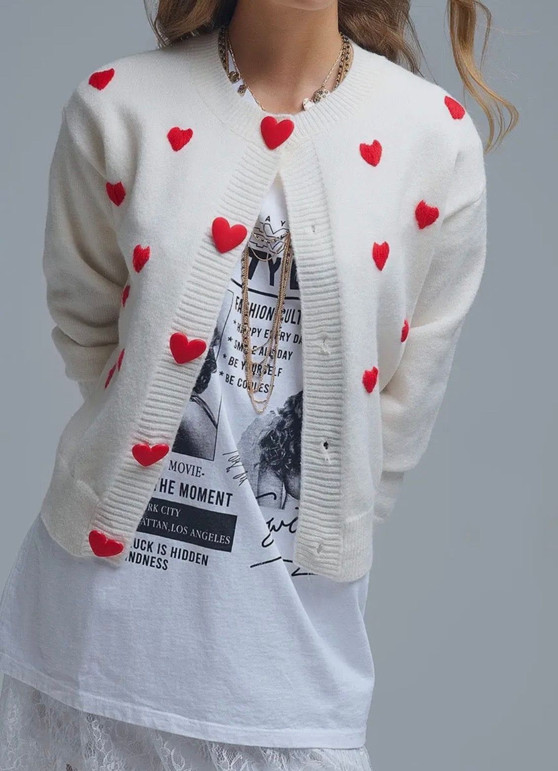Puff Heart White Cardigan