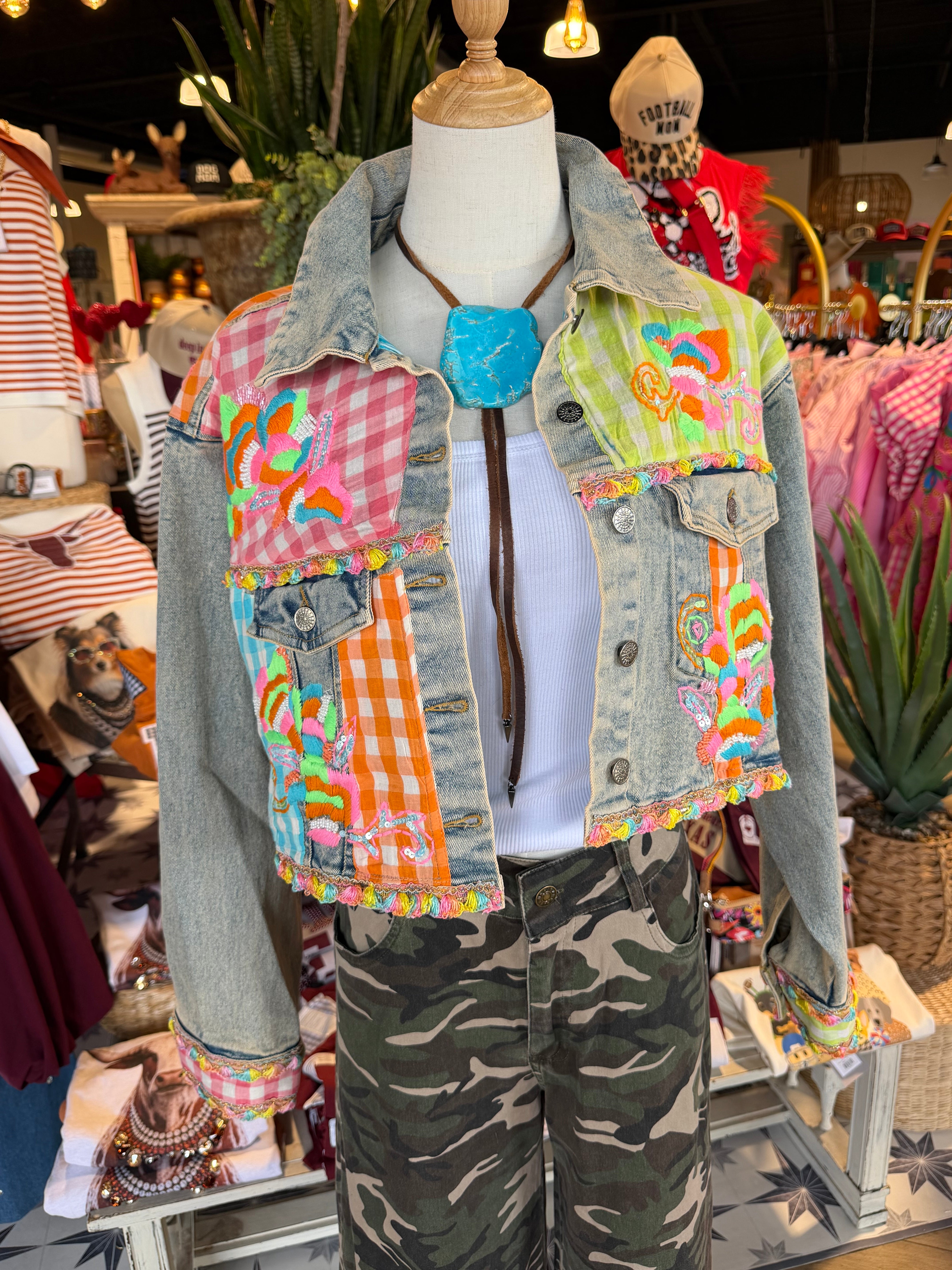 Plaid Contrast Embroidery Denim Jacket