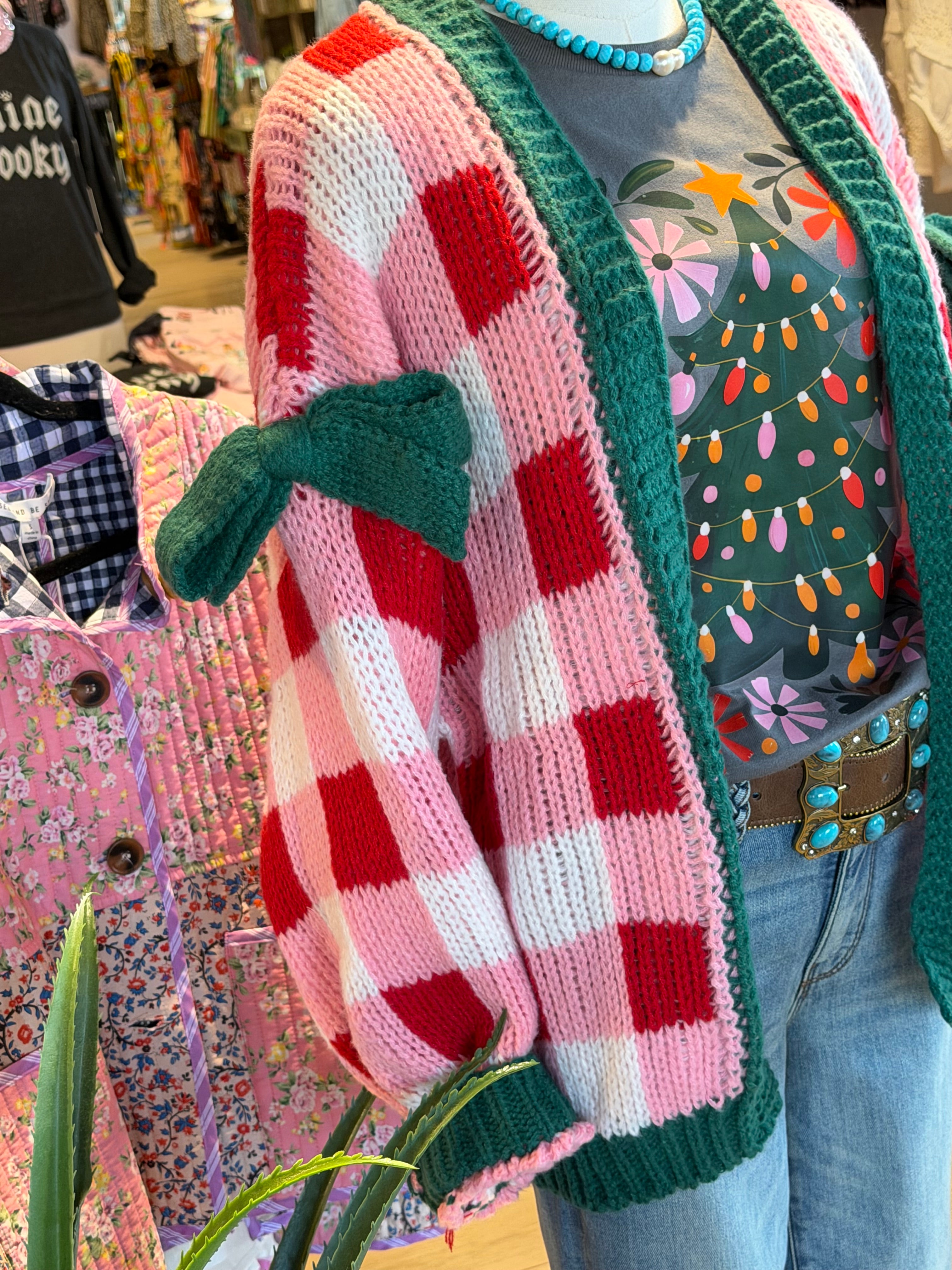 Pink/ Red Check Bow Cardigan