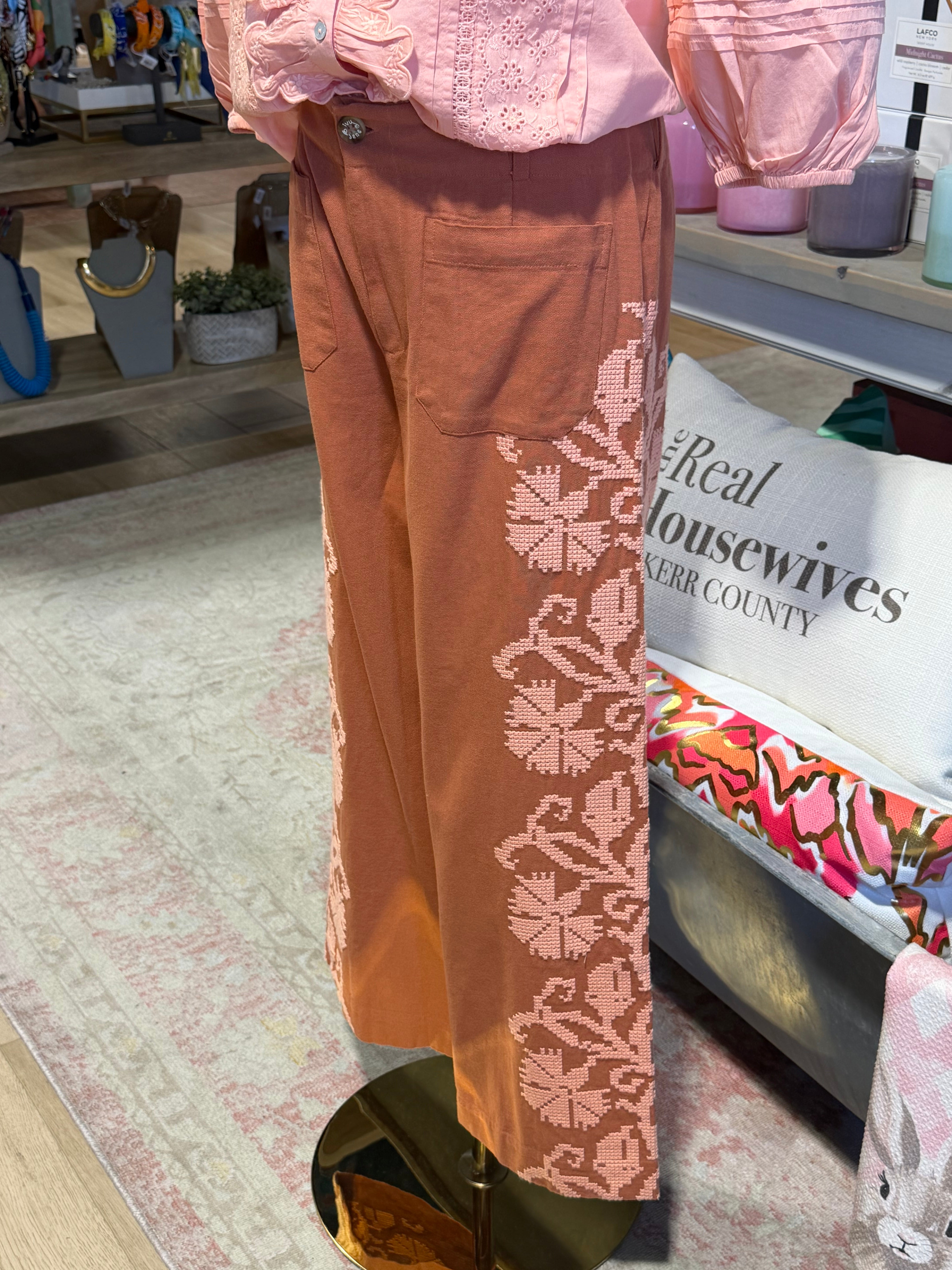 Embroidered Peach Pants