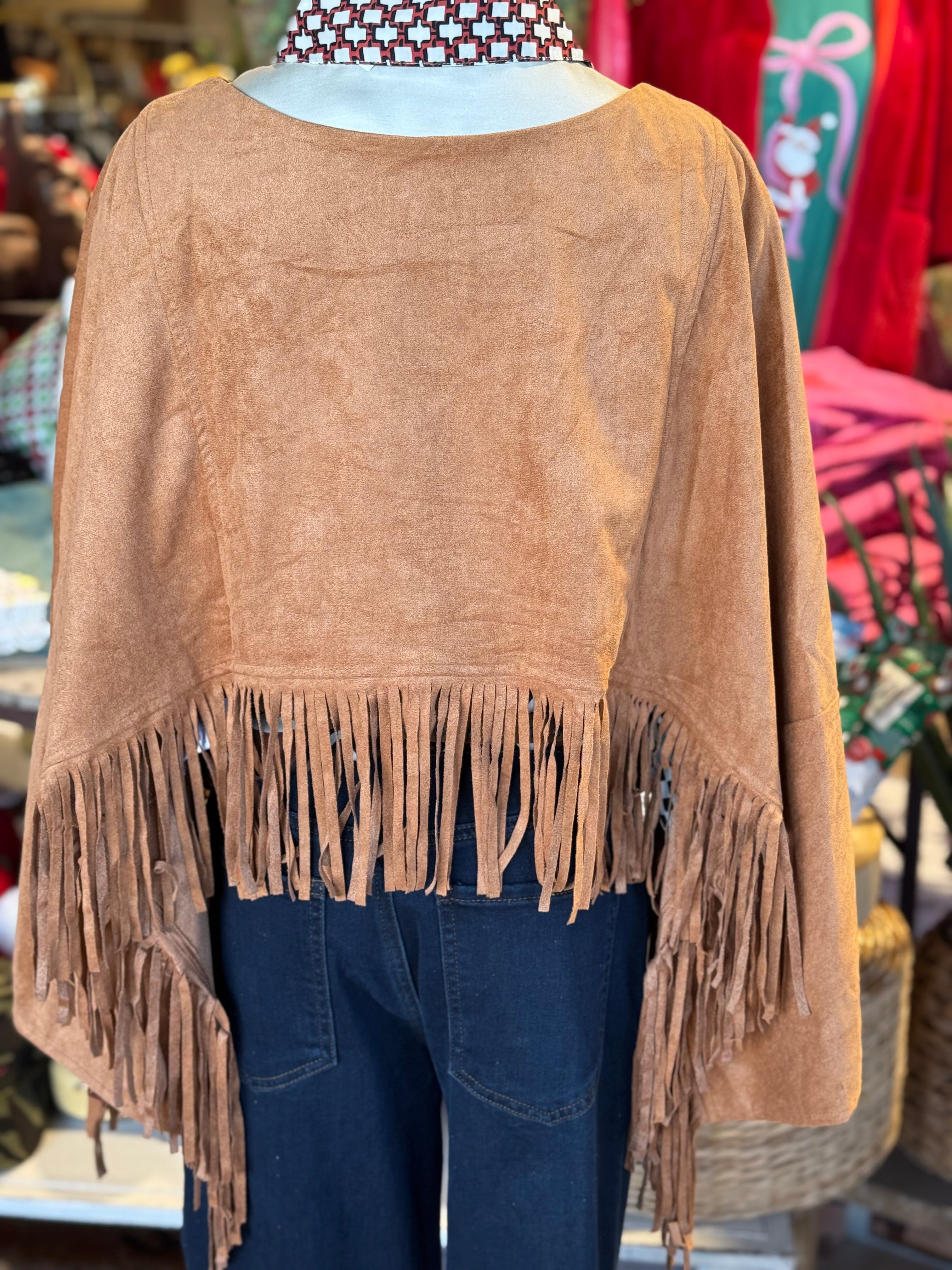 Faux Suede Fringe Cape