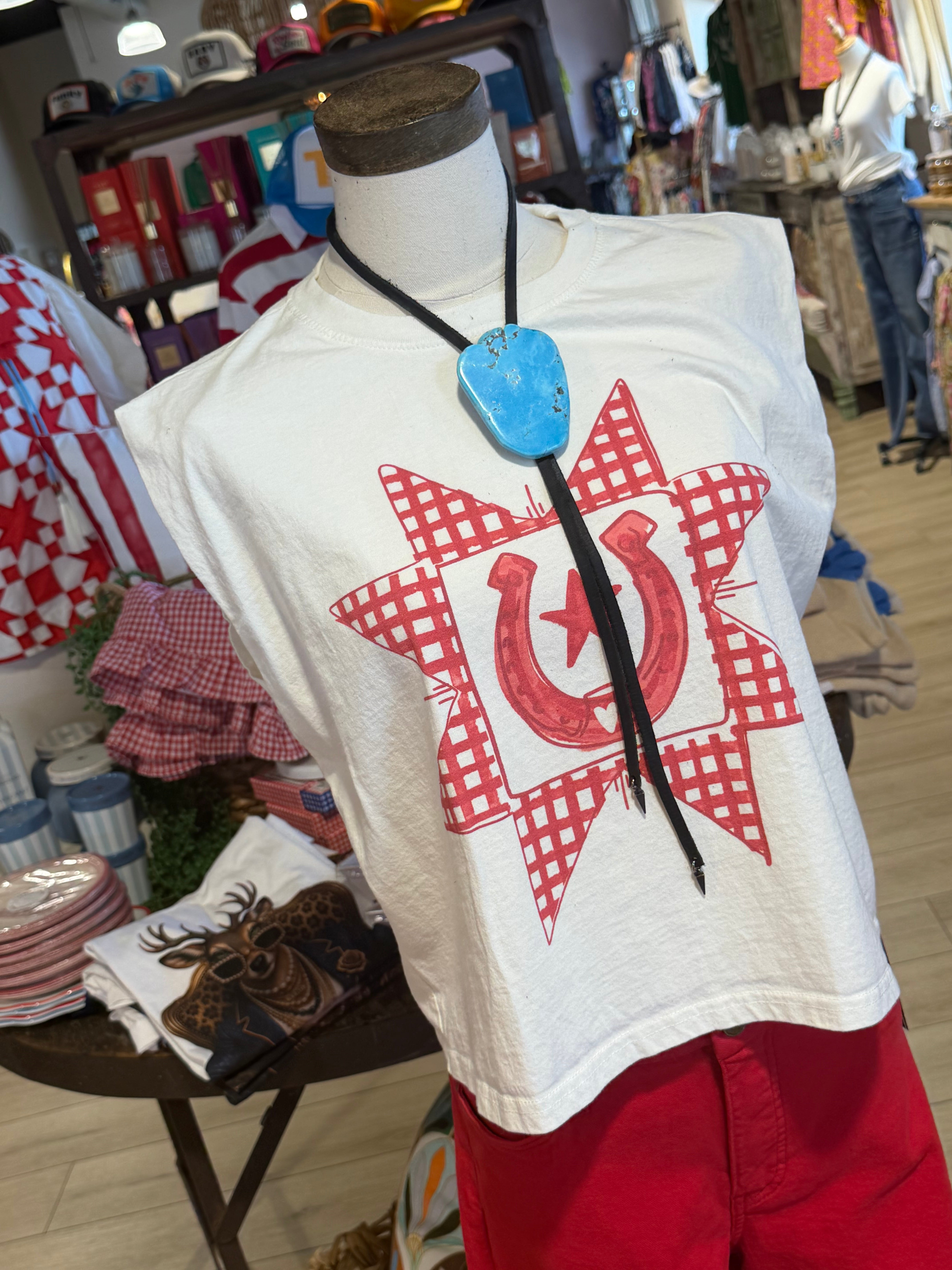Gingham Quilted Horseshoe Crop Tank