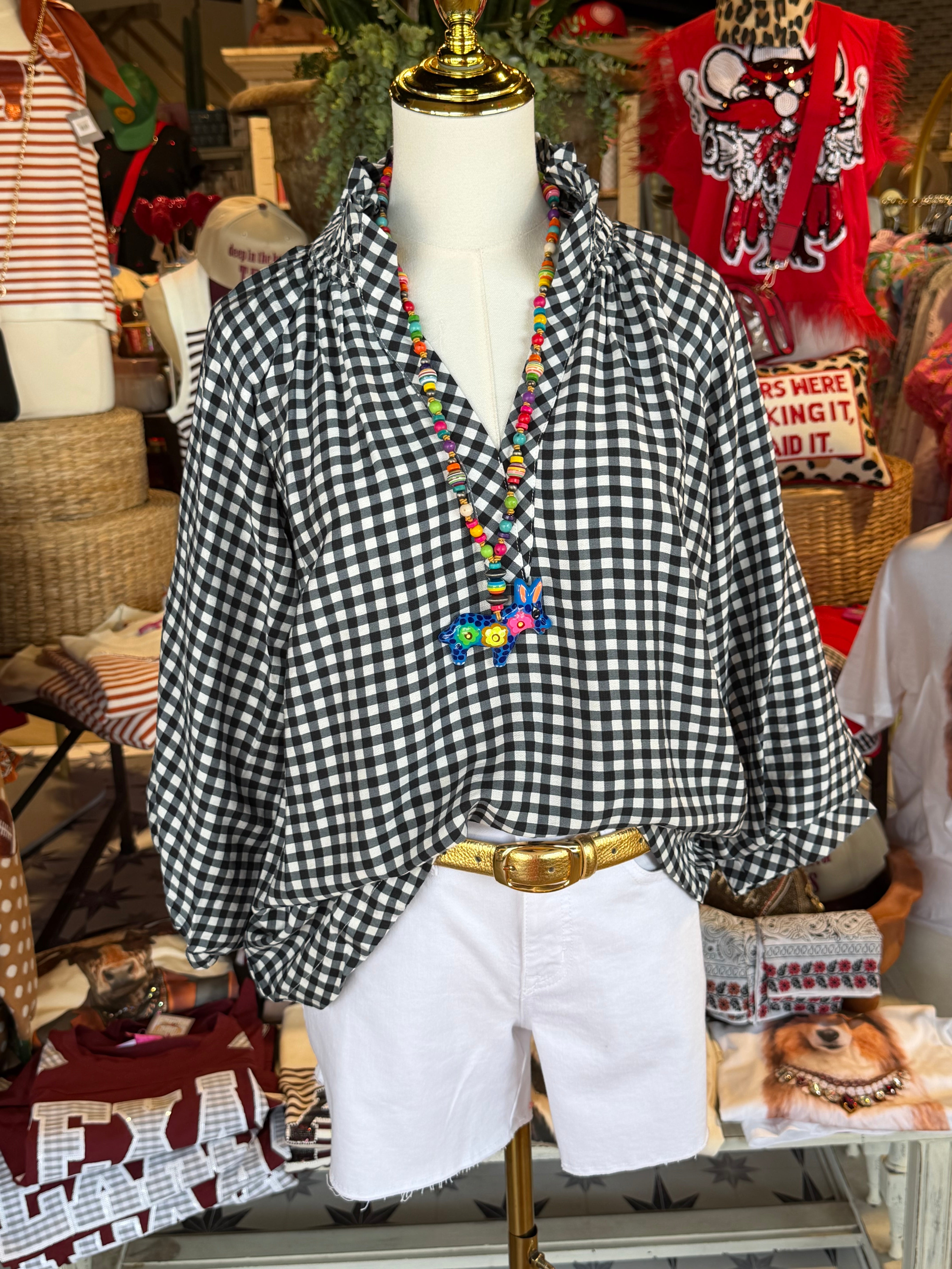 Gingham Check Puff Sleeve Blouse
