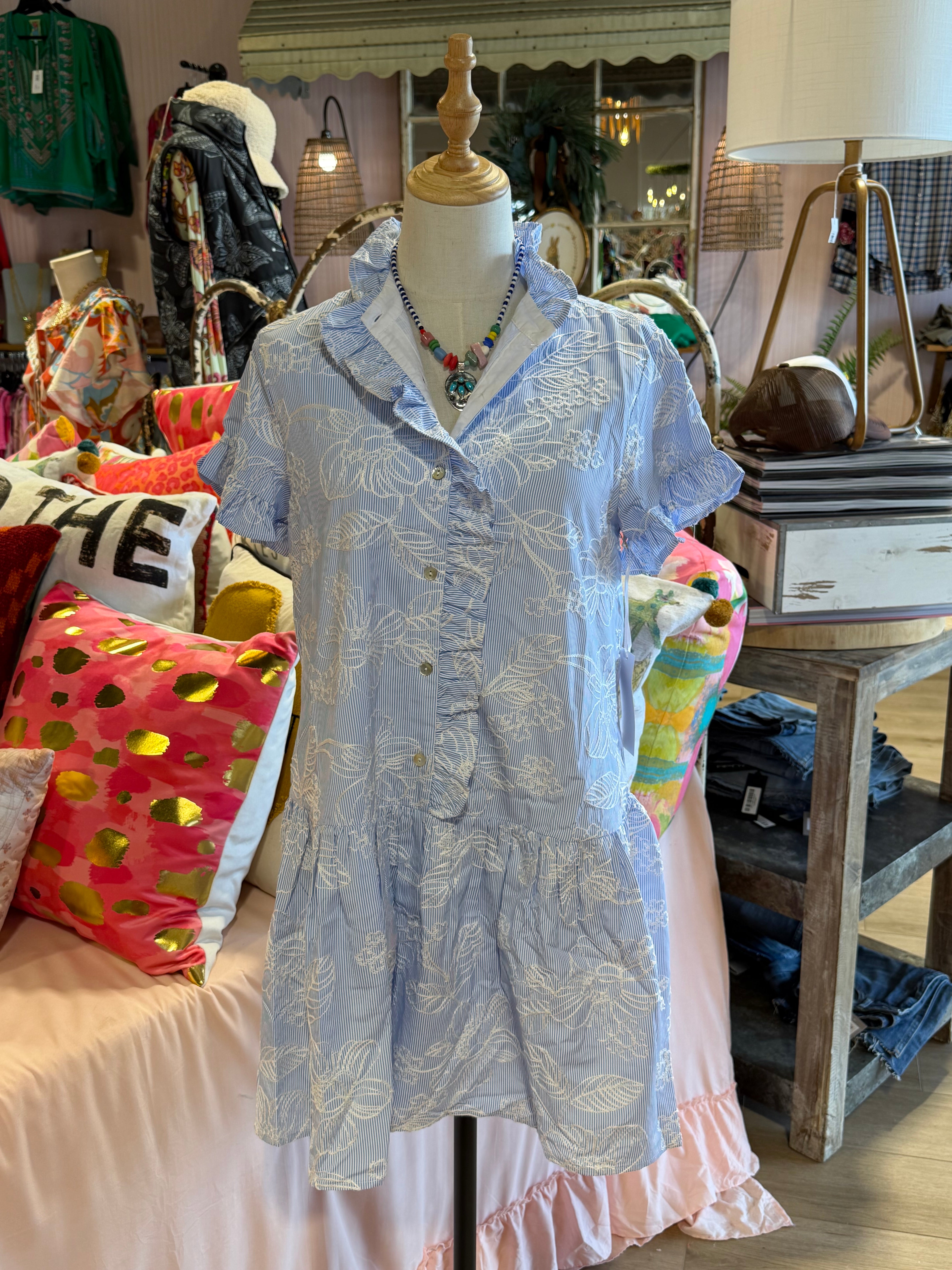 The Calypso Ruffle Button Up Dress - White & Blue Embroidery
