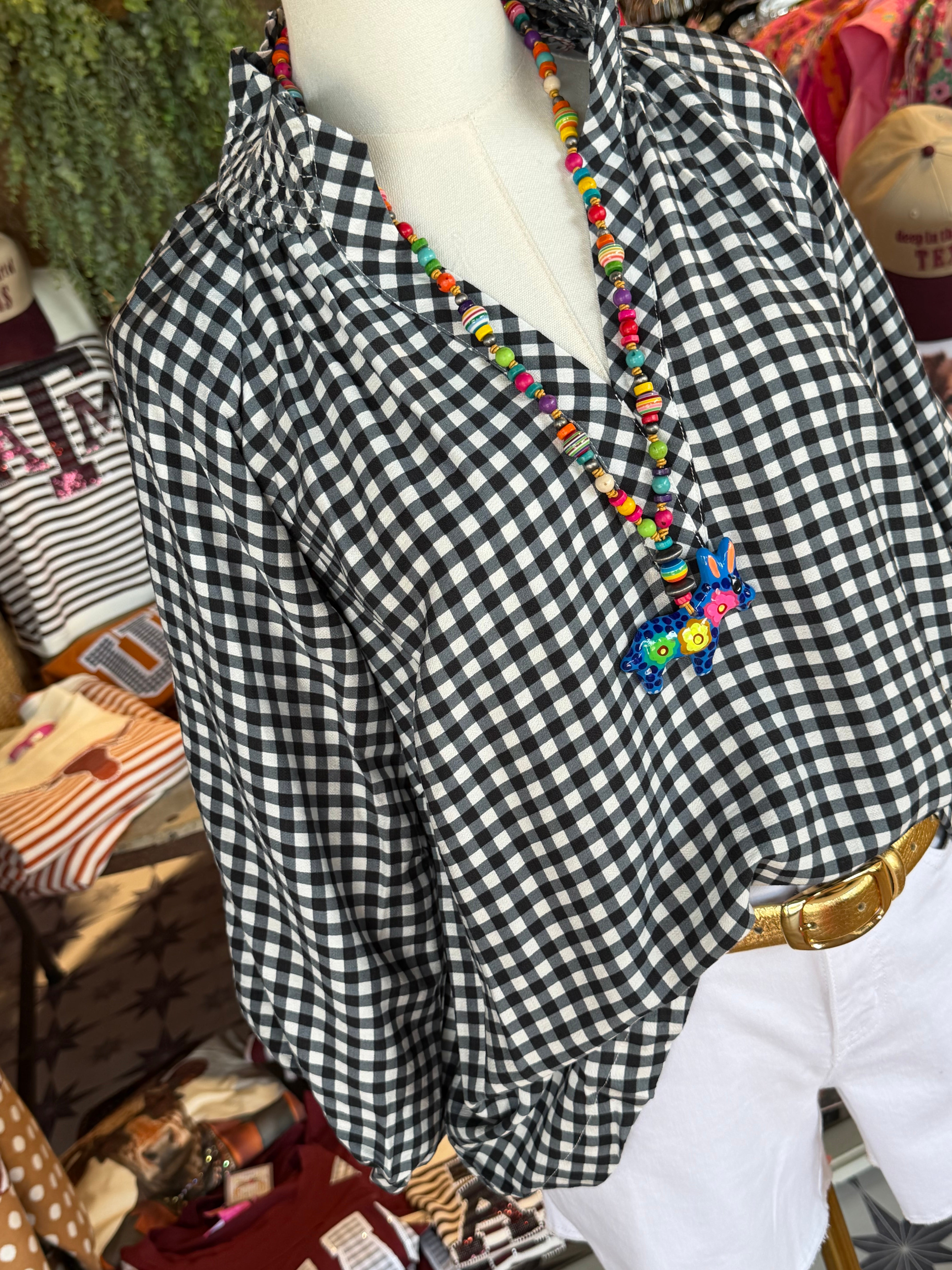 Gingham Check Puff Sleeve Blouse