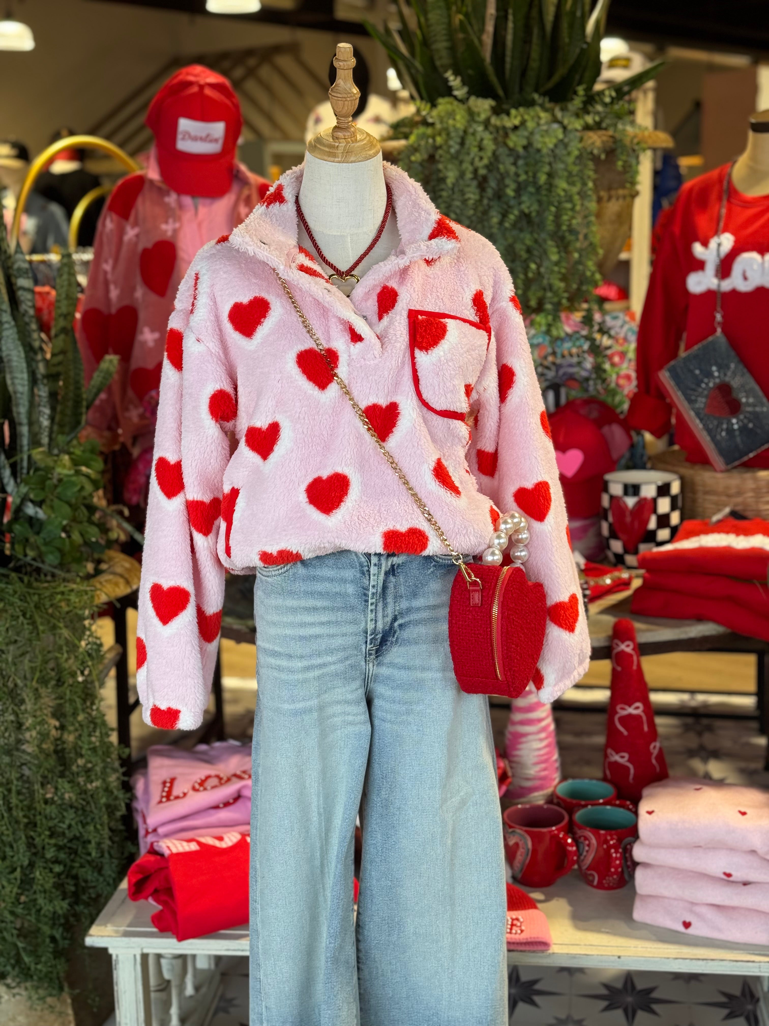 Heart Print Plush Pullover