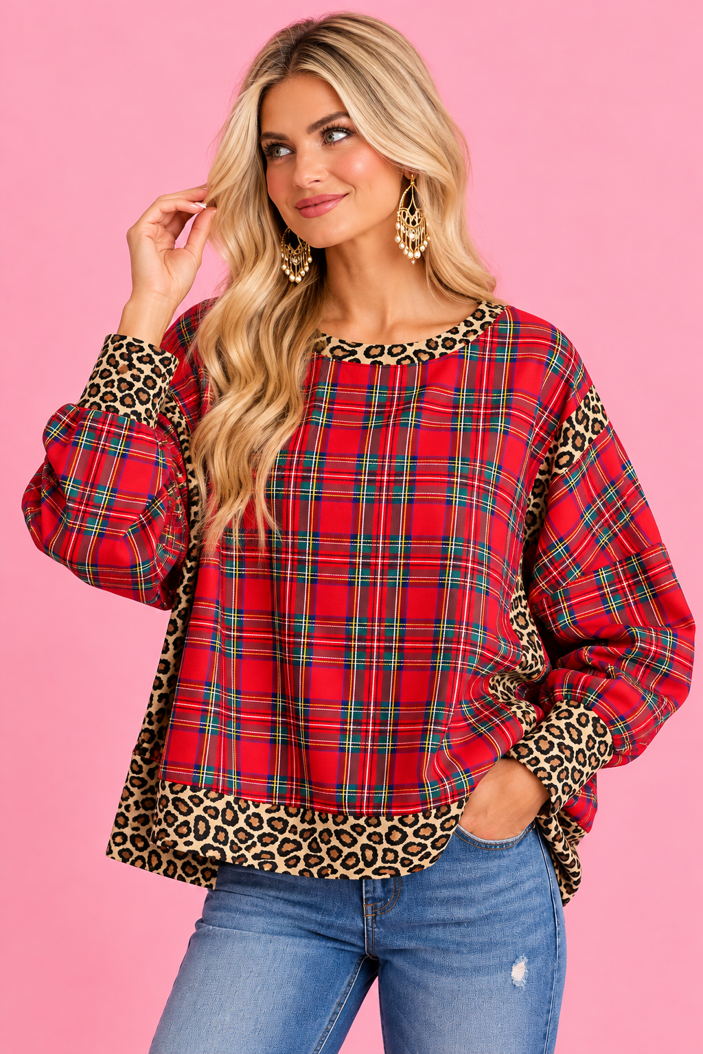 PLAID LEOPARD MIXED SWEATSHIRT