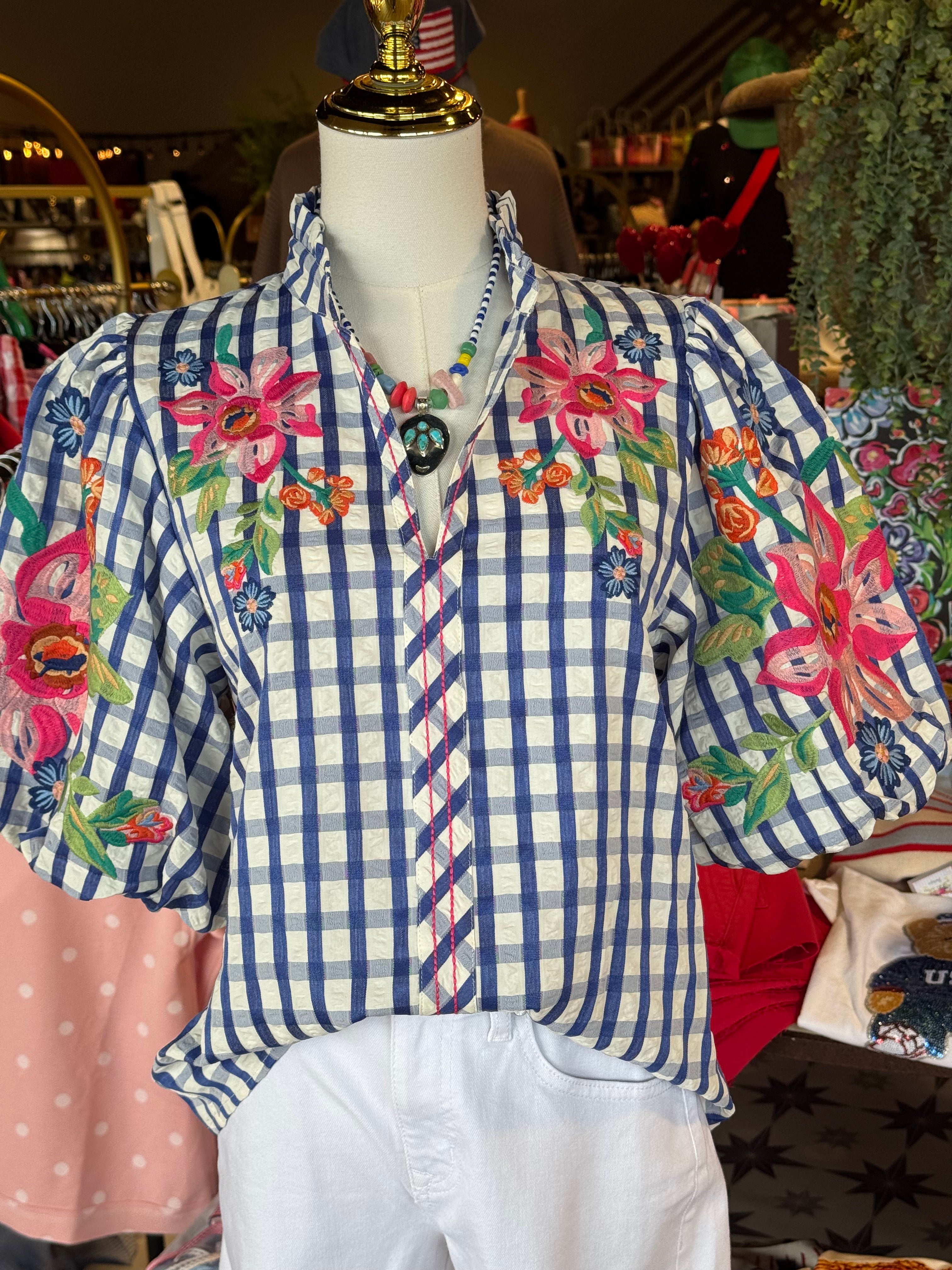 Cheri Floral Embroidery Gingham Top