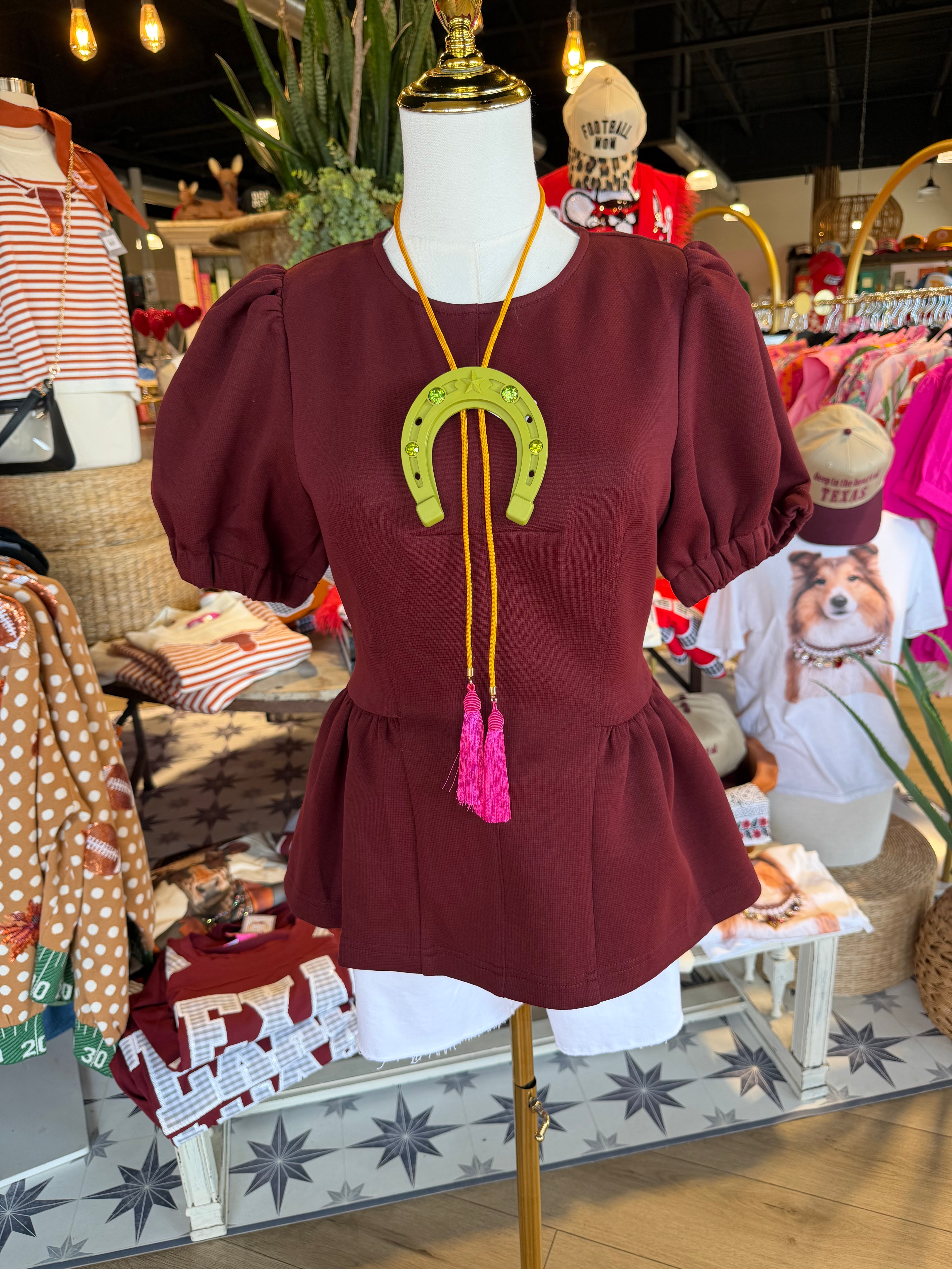 Solid round neck short puff sleeve top