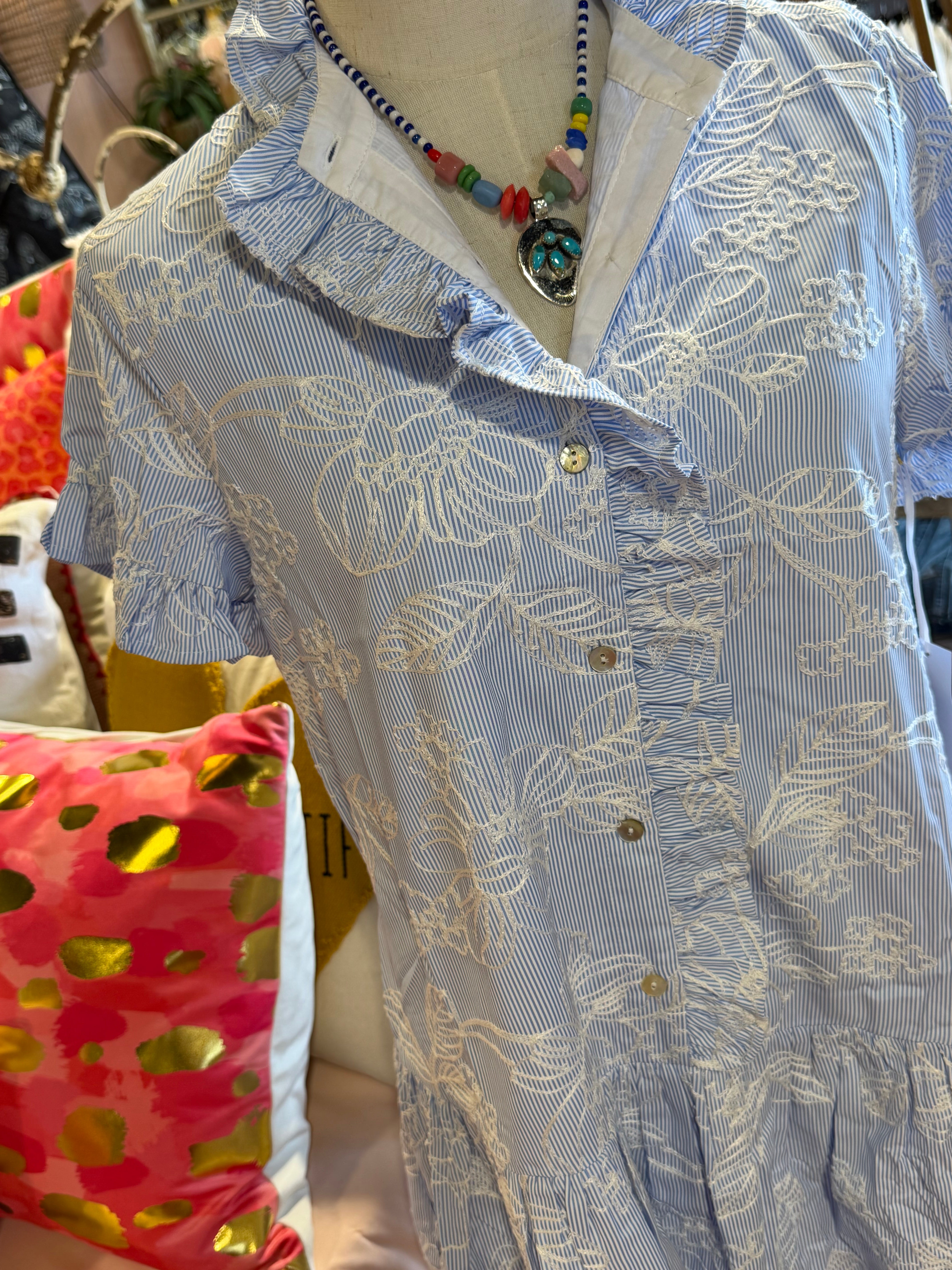 The Calypso Ruffle Button Up Dress - White & Blue Embroidery