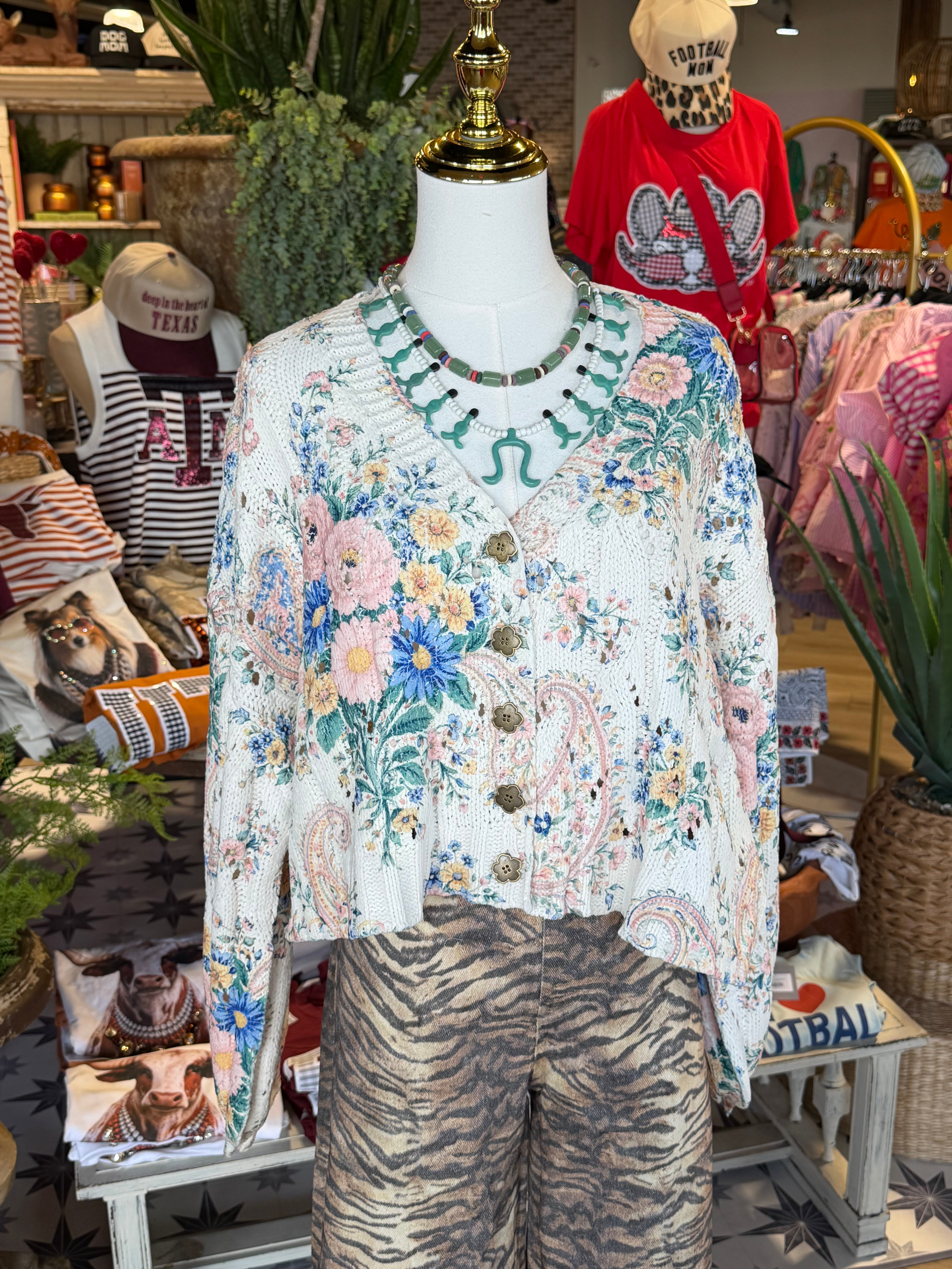 V-Neck Floral Print Chenille Cardigan