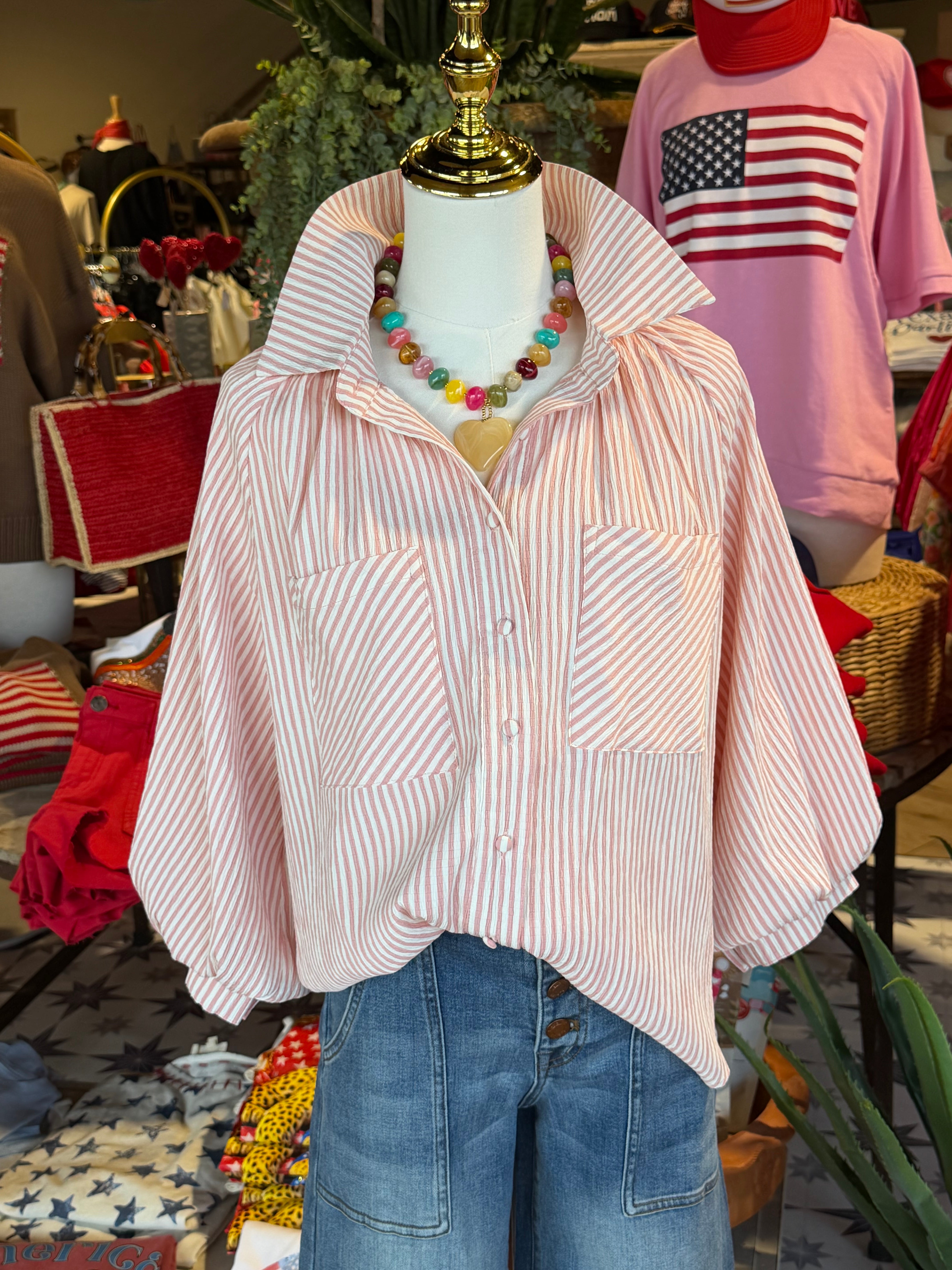 Striped Balloon Sleeve Blouse