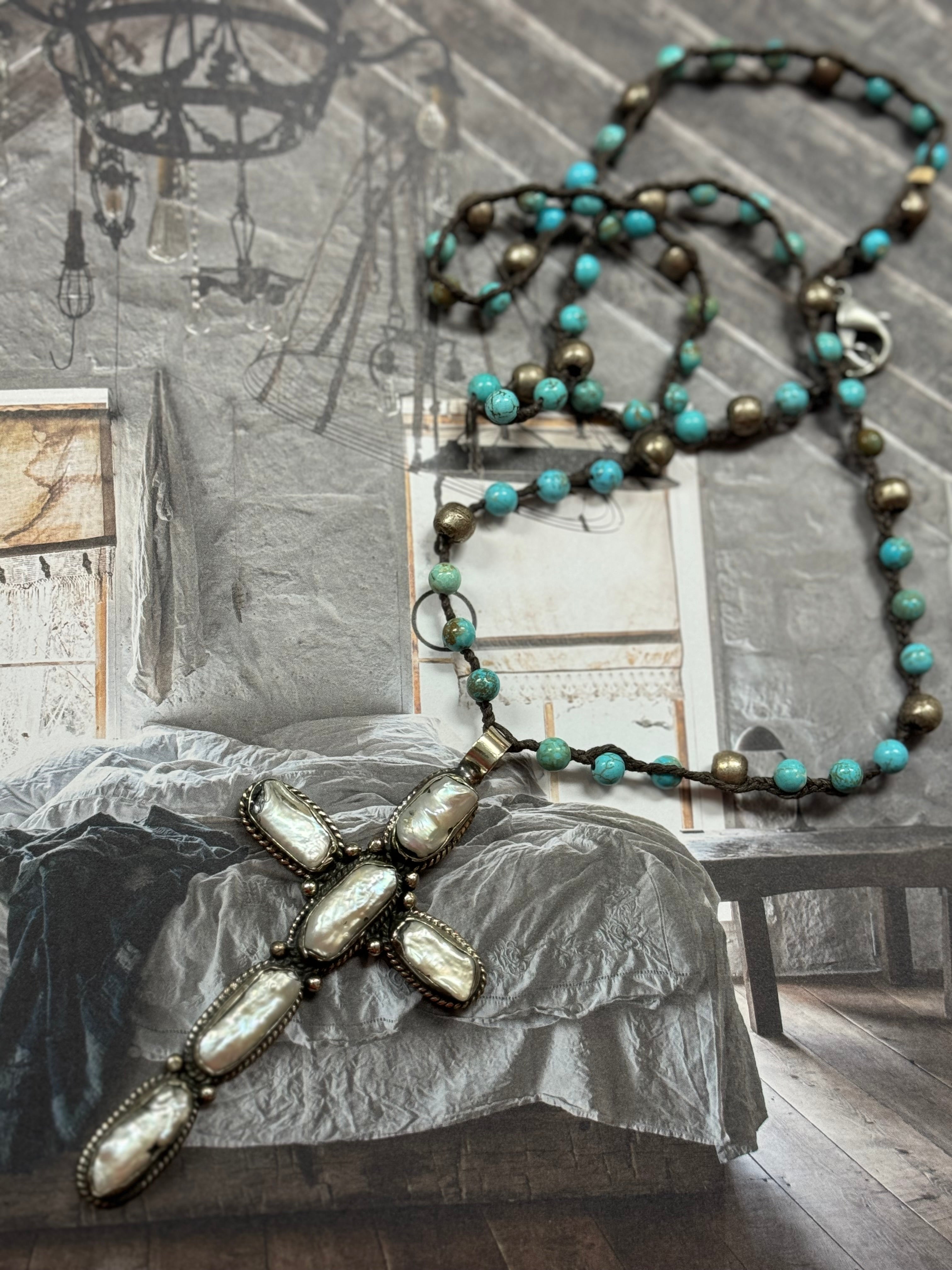 Pearl Cross & Turquoise Necklace