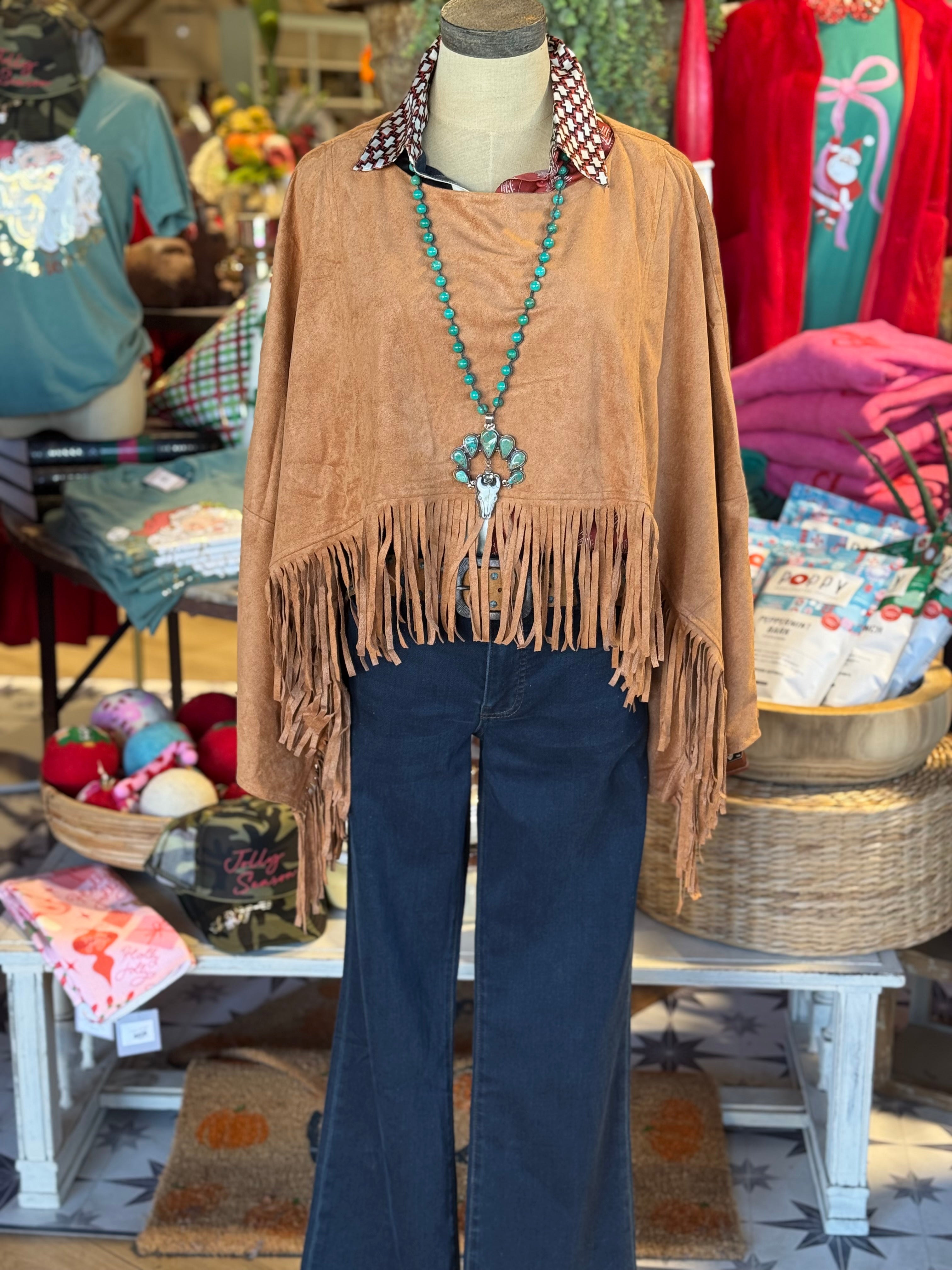 Faux Suede Fringe Cape