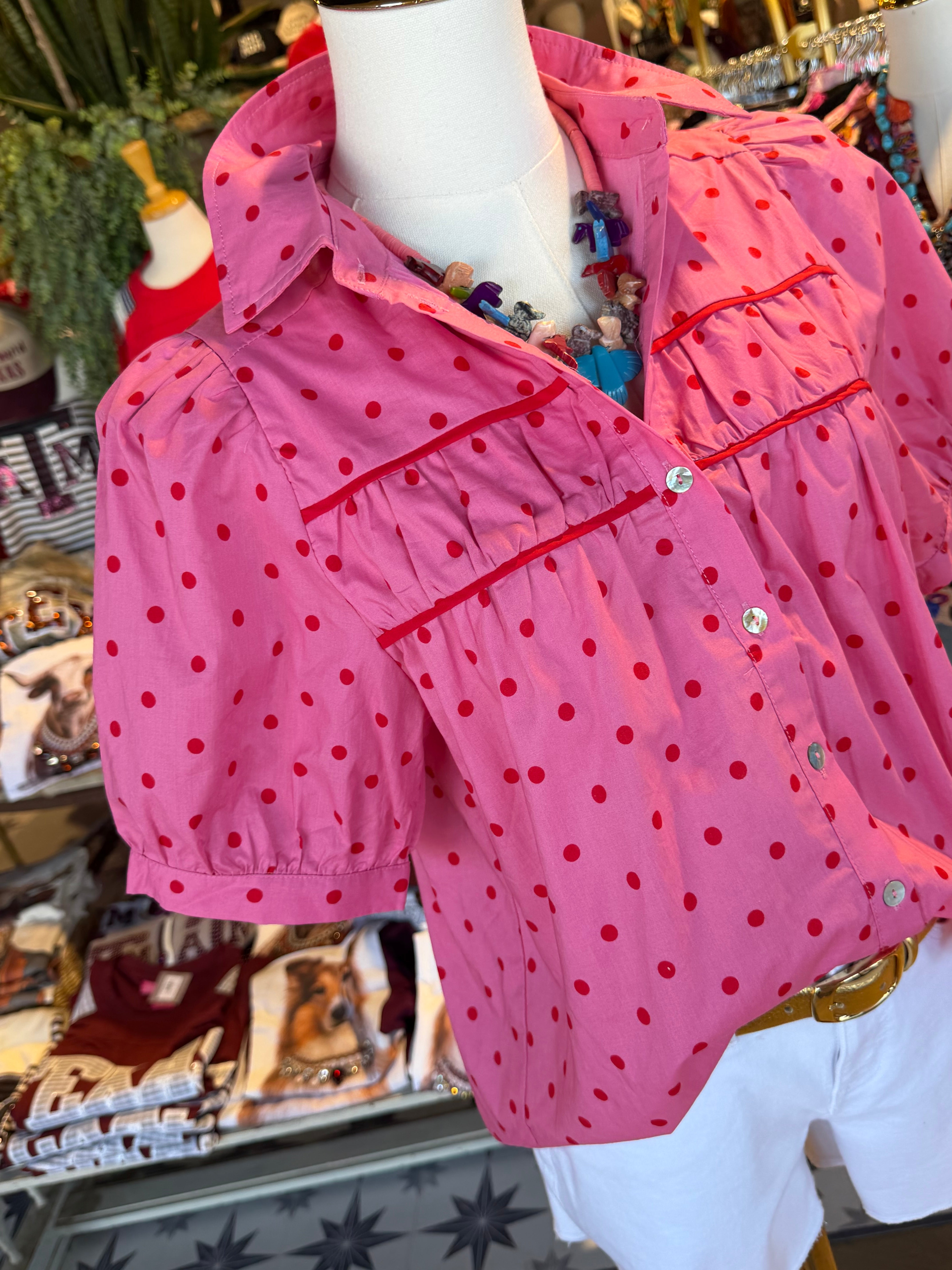 Polka dot puff short sleeve top