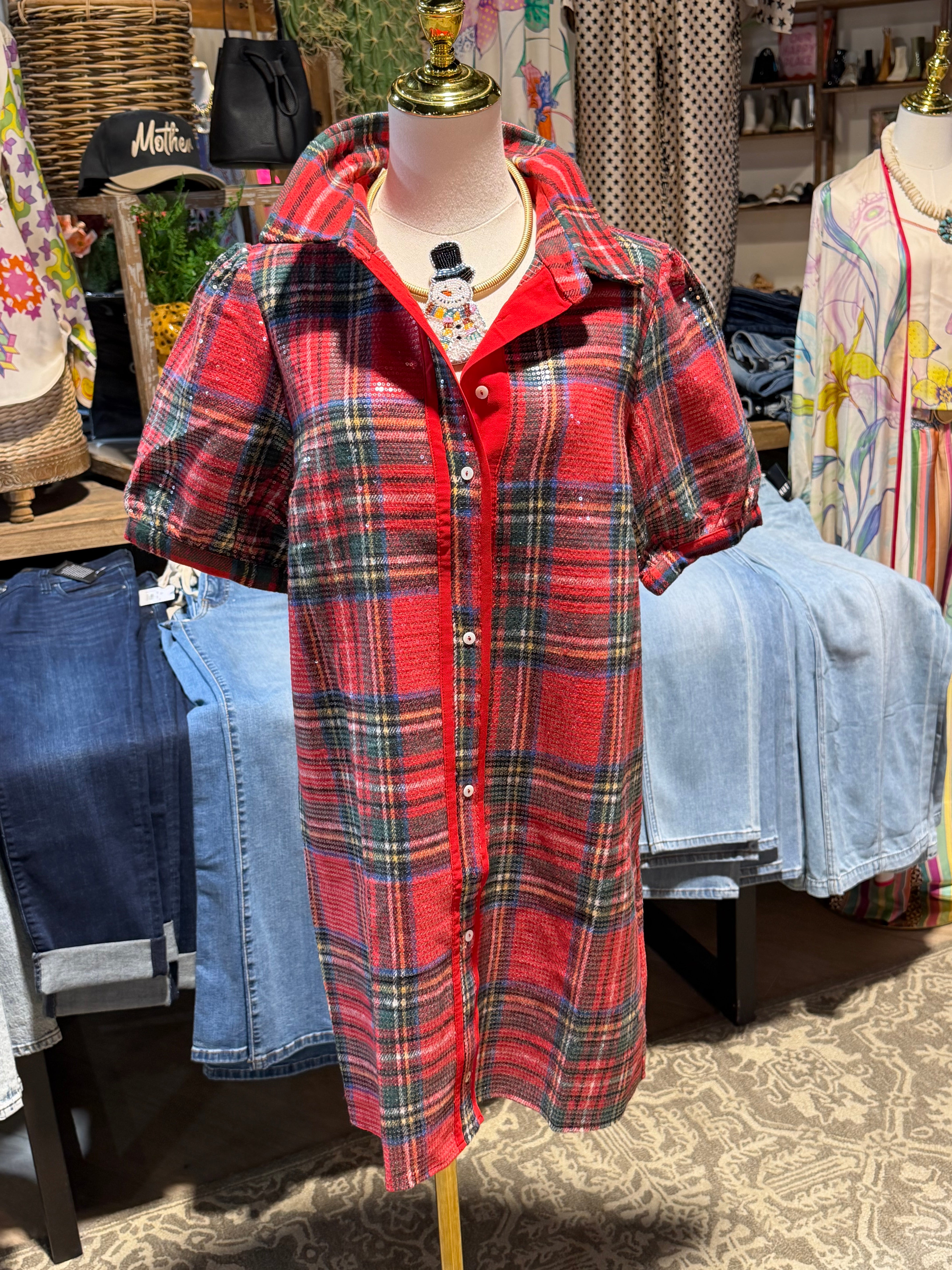 Collared Plaid Sequins Dress
