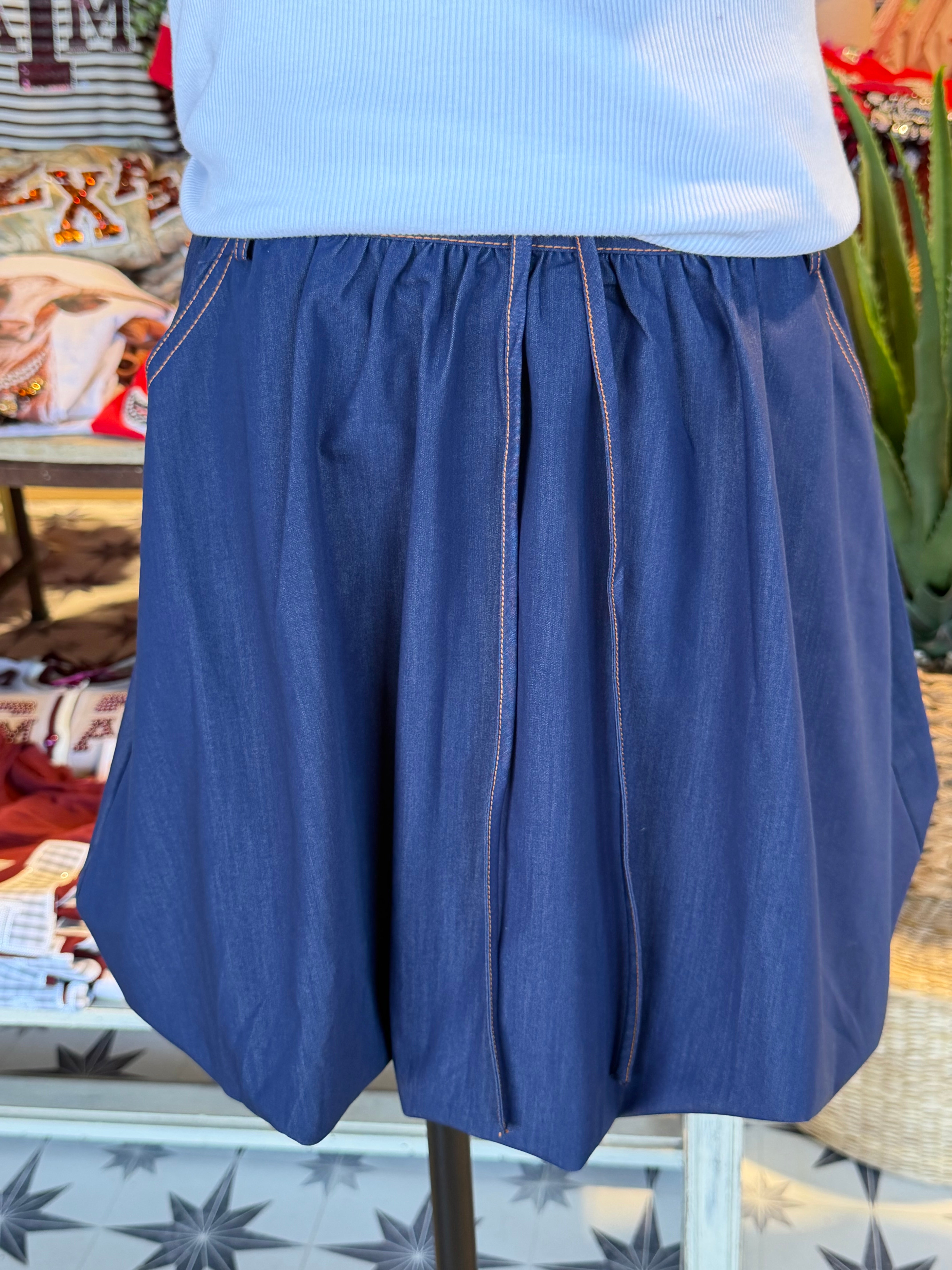 Denim Bubble Skirt With Tie Front