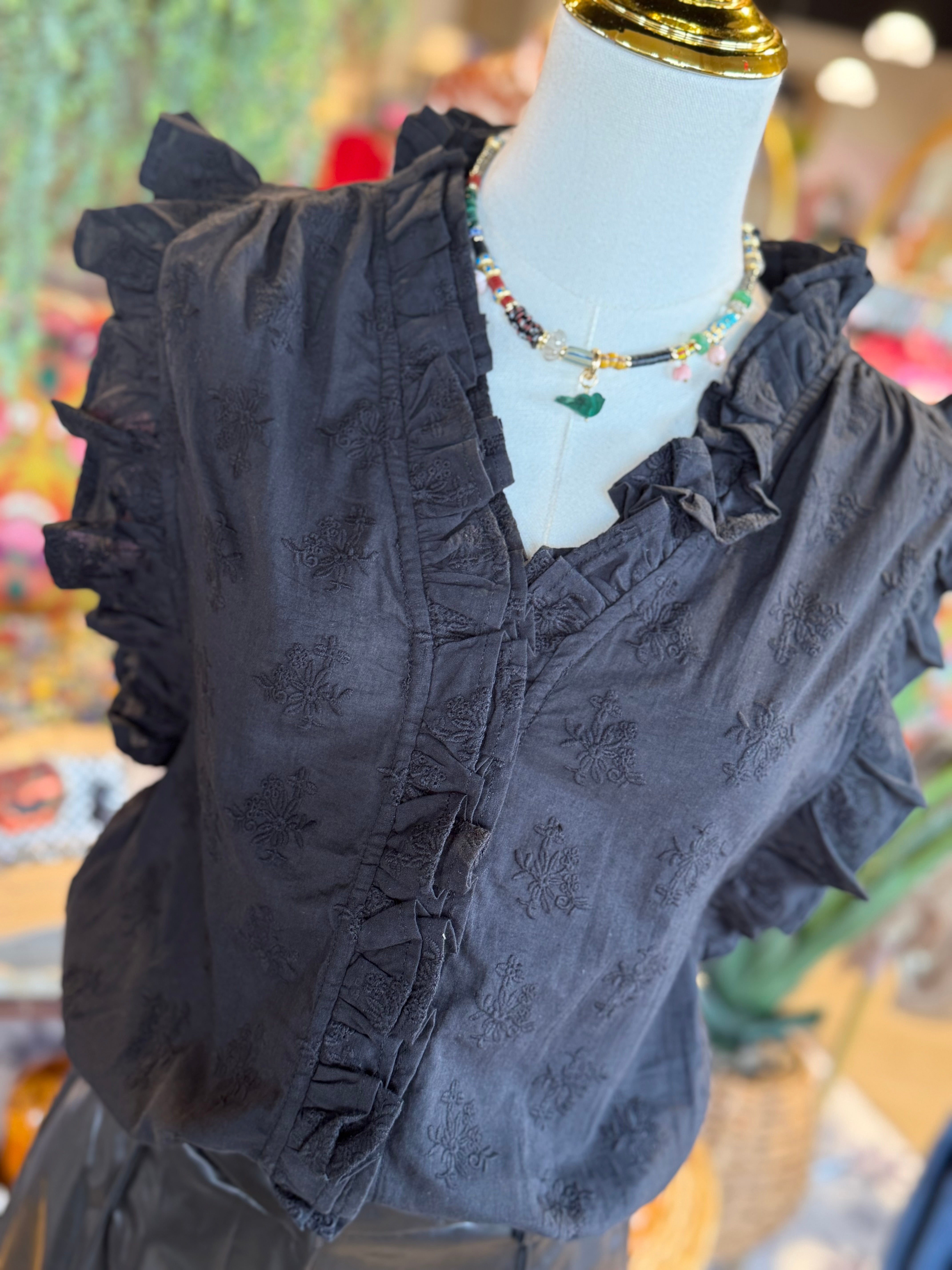 Eyelet Ruffled Top- Black