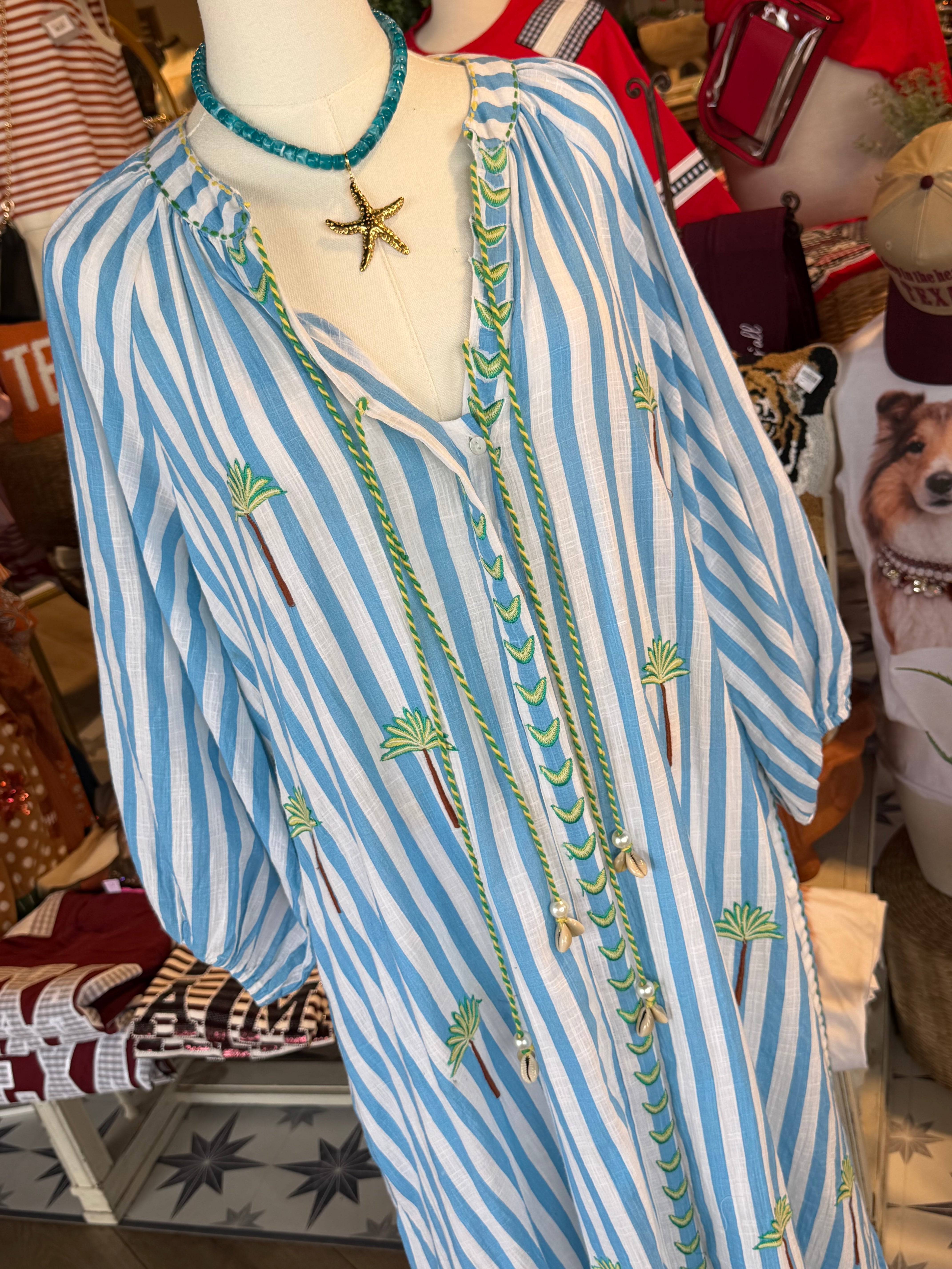 Palm Tree Embroidery Lightweight Striped Maxi Dress