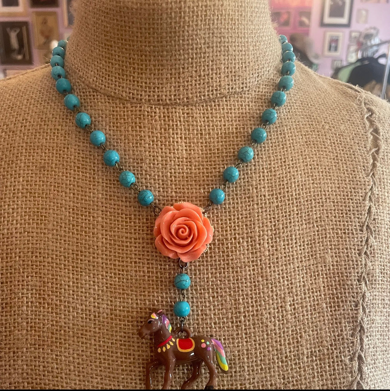 Coral Rose & Pony Necklace