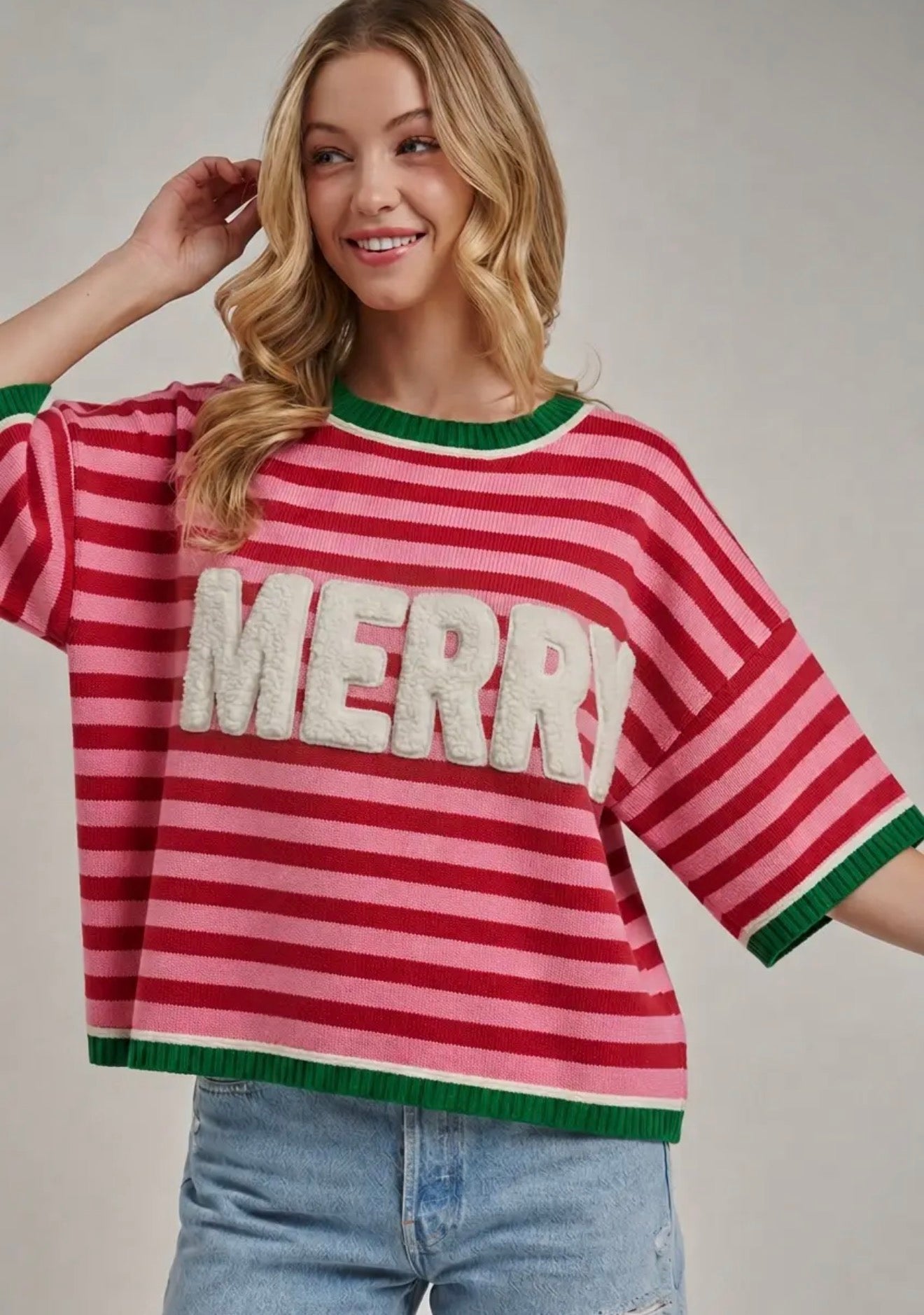 CHRISTMAS MERRY LETTERING STRIPE SWEATER- Assorted