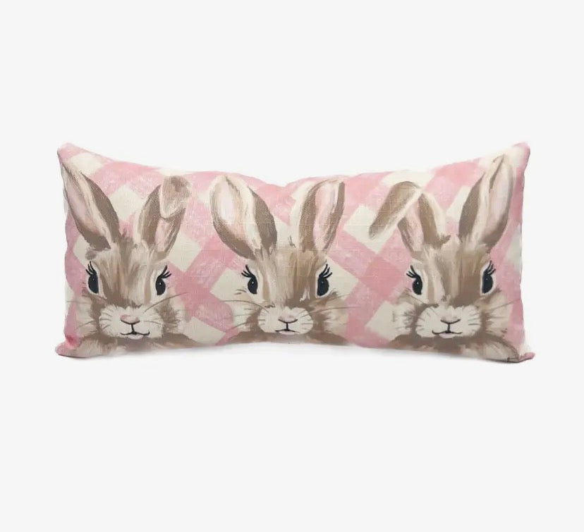 Coral Plaid Bunnies Pillow