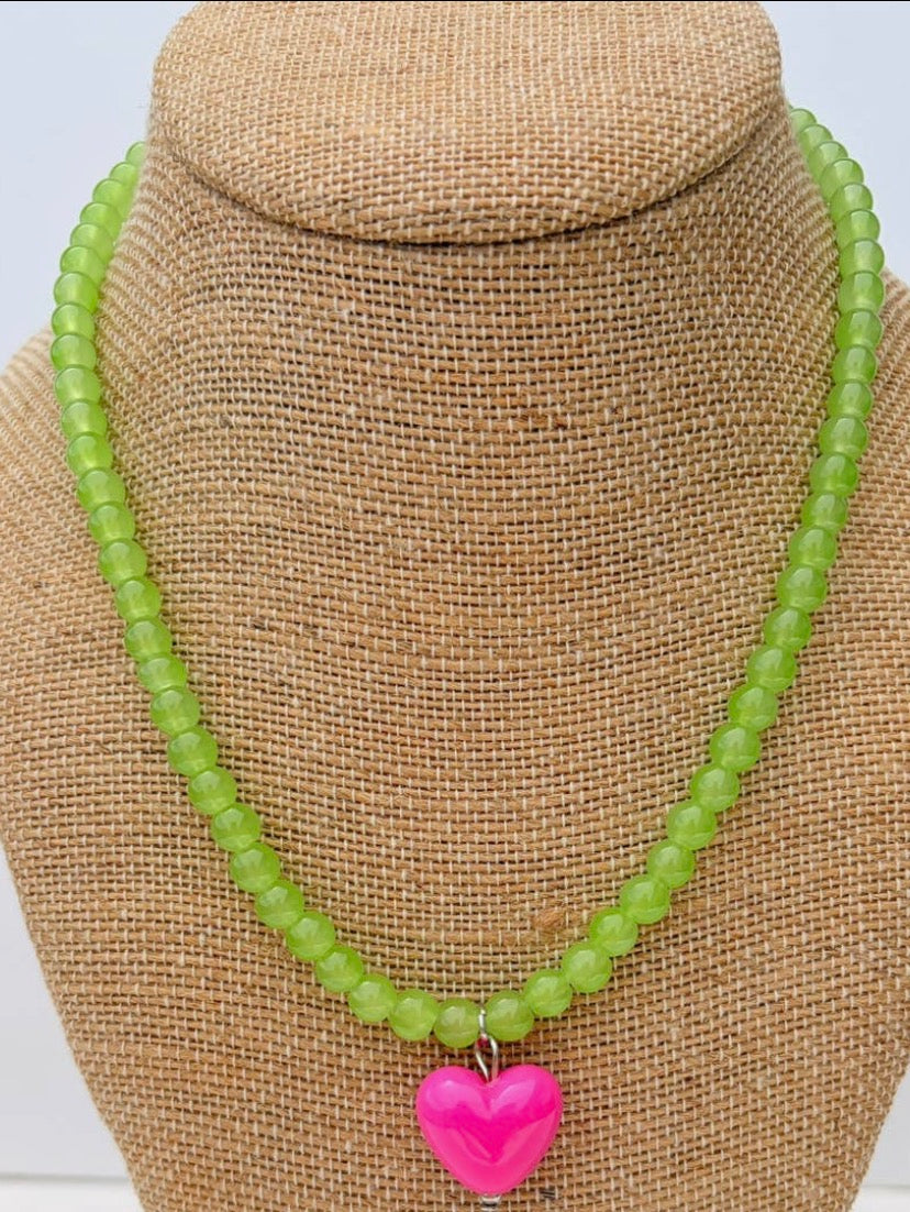 Green Beaded Necklace With Pink Heart