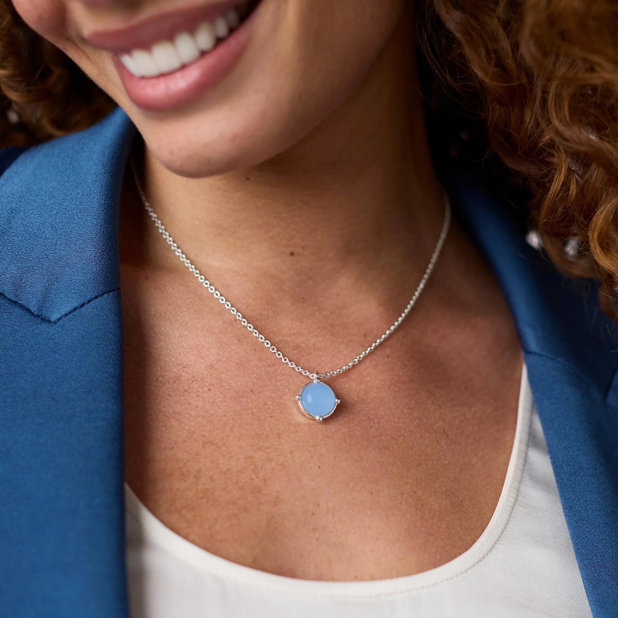 Honeybee Solitaire Chalcedony Blue Silver Necklace