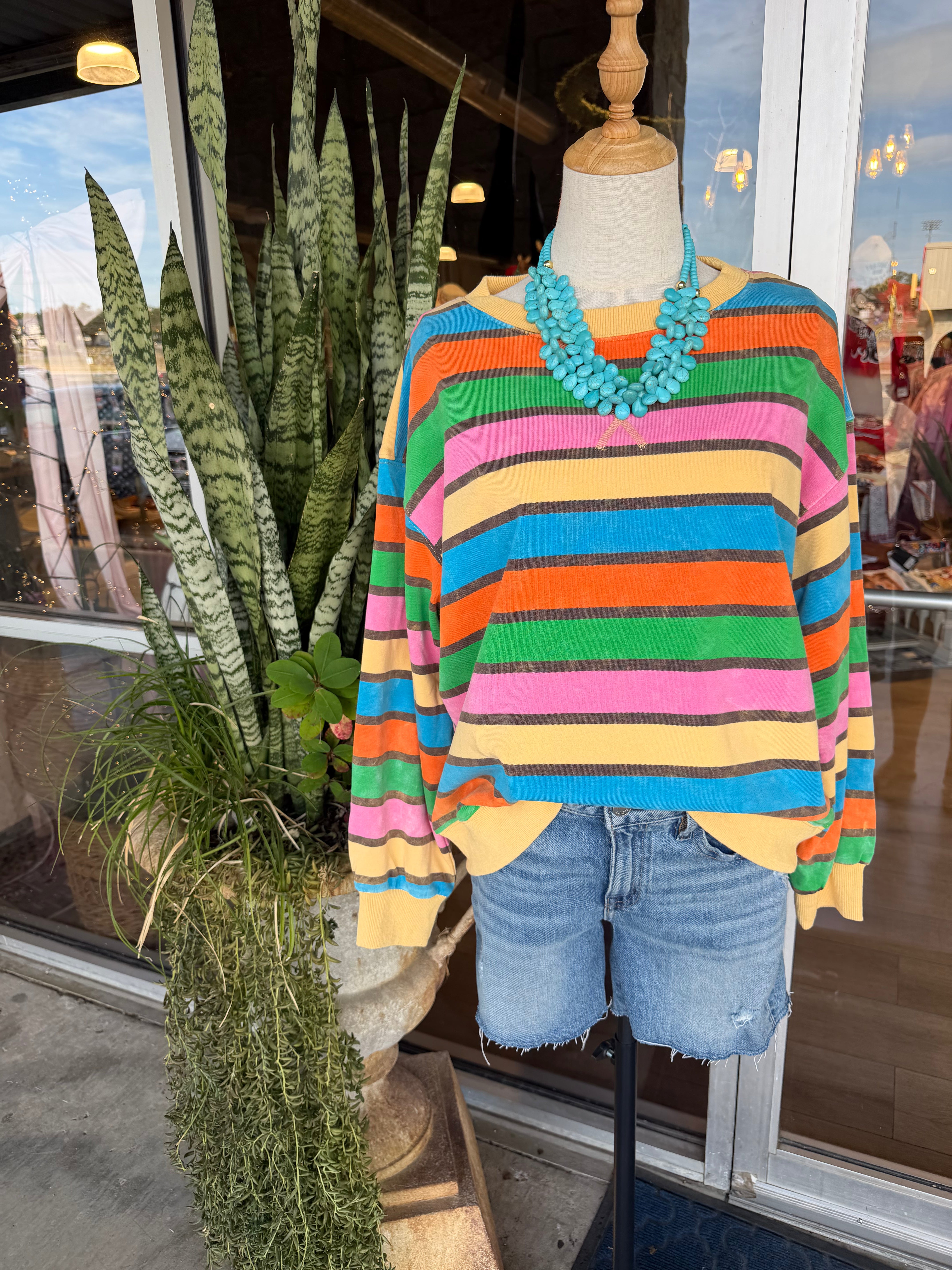 Oversized Mineral Washed Terry Stripe Pullover