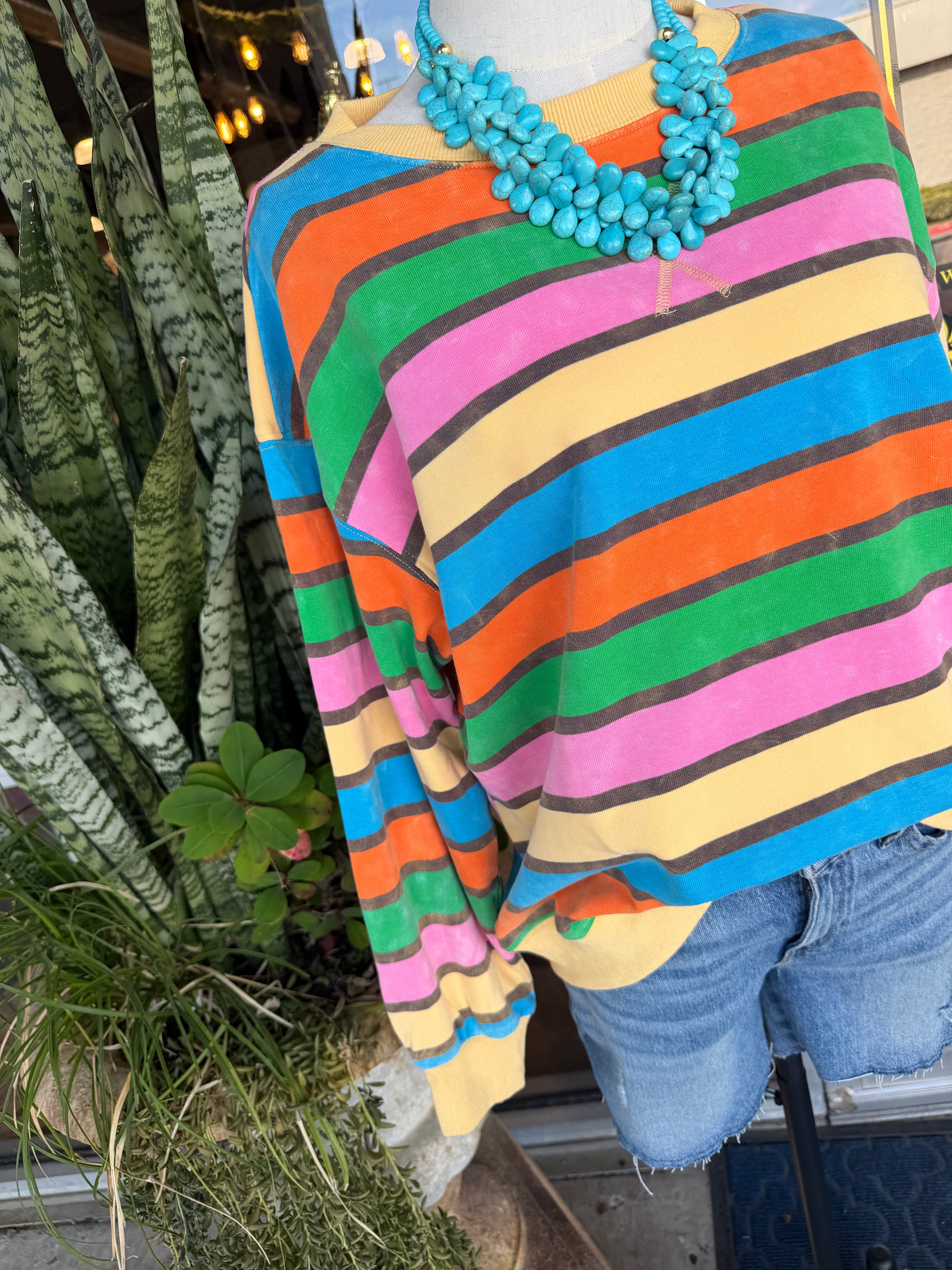 Oversized Mineral Washed Terry Stripe Pullover