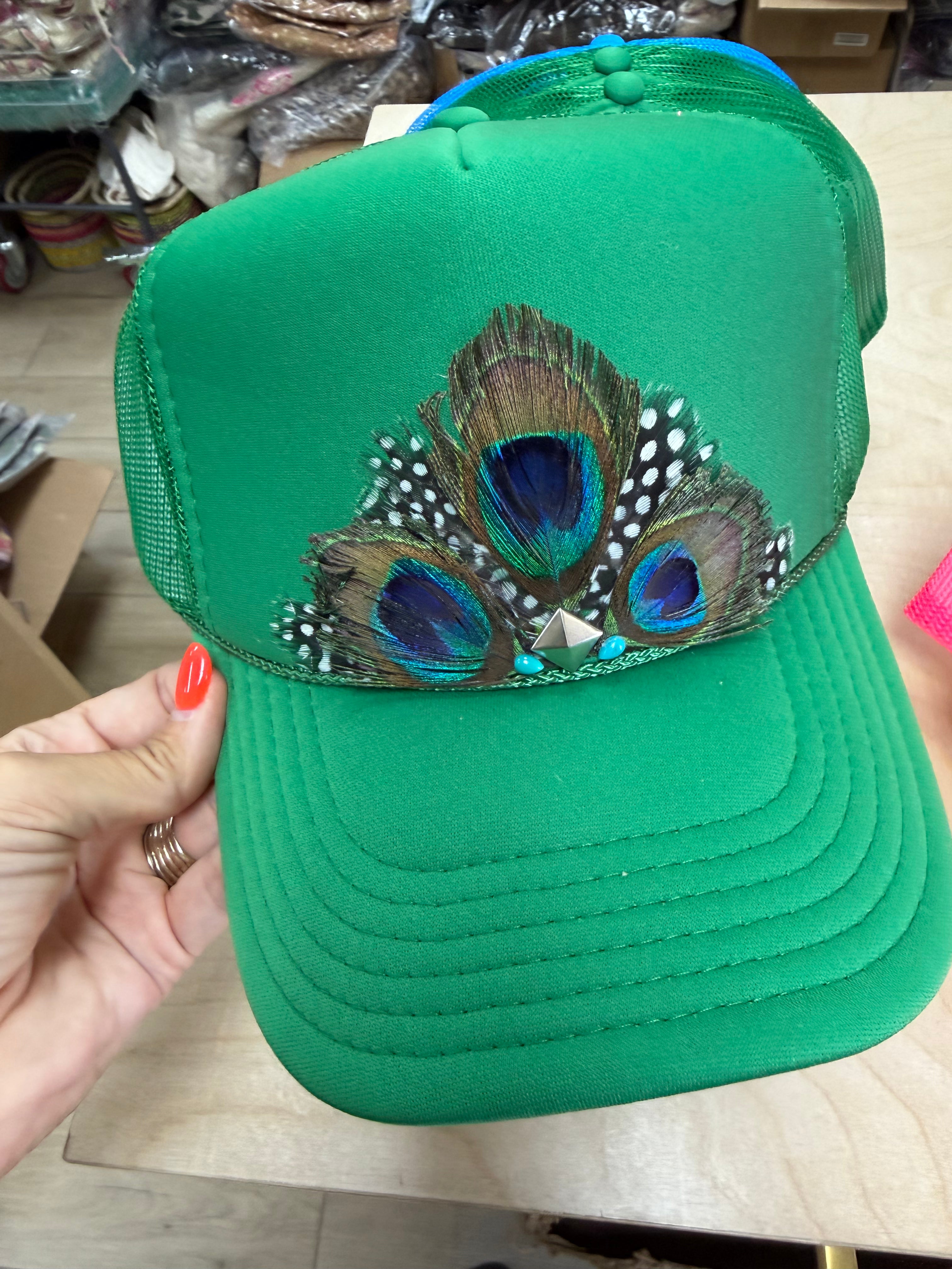 Green Peacock Feather Trucker