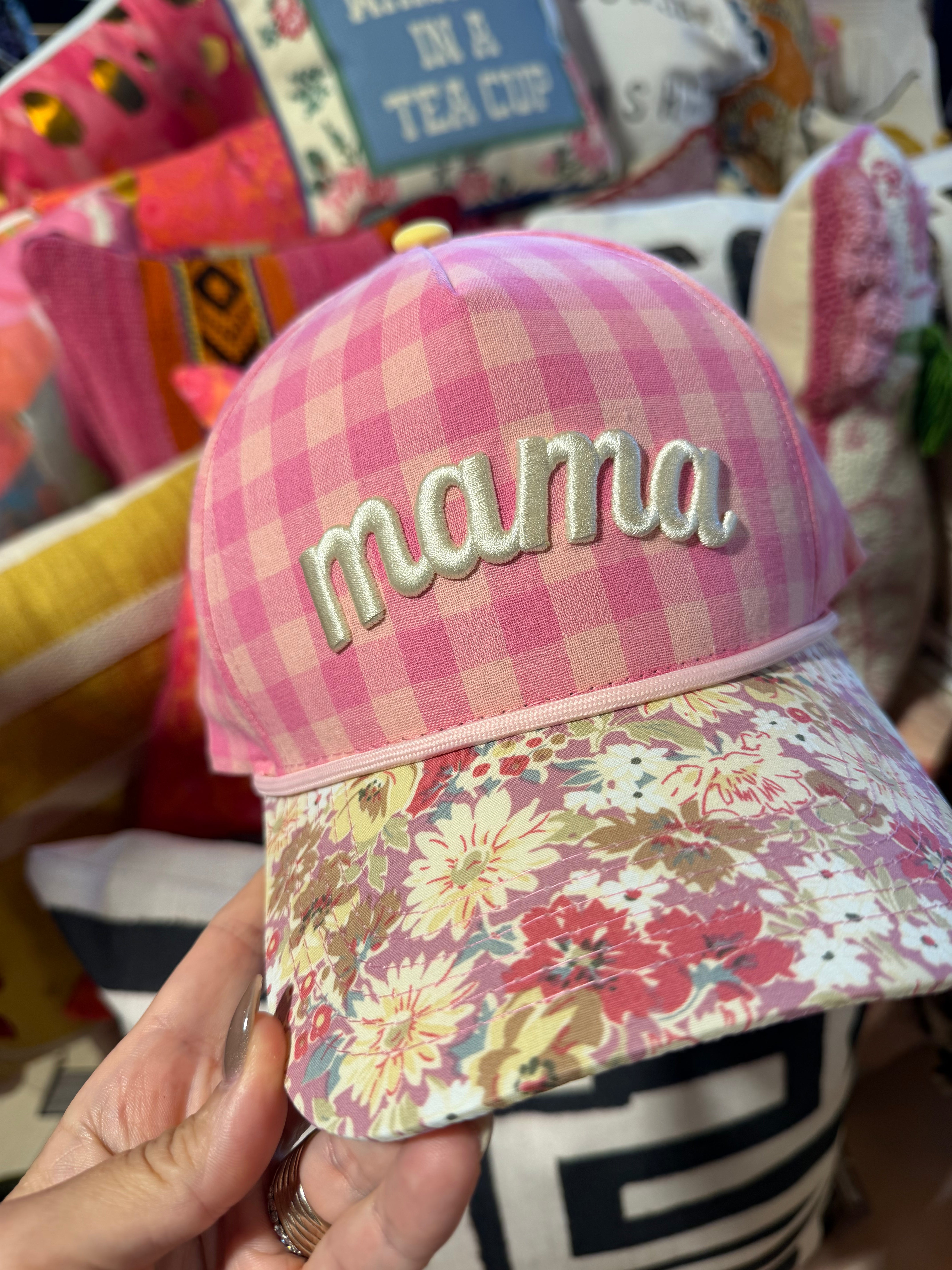 Mama" - Pink Gingham + Floral Hat