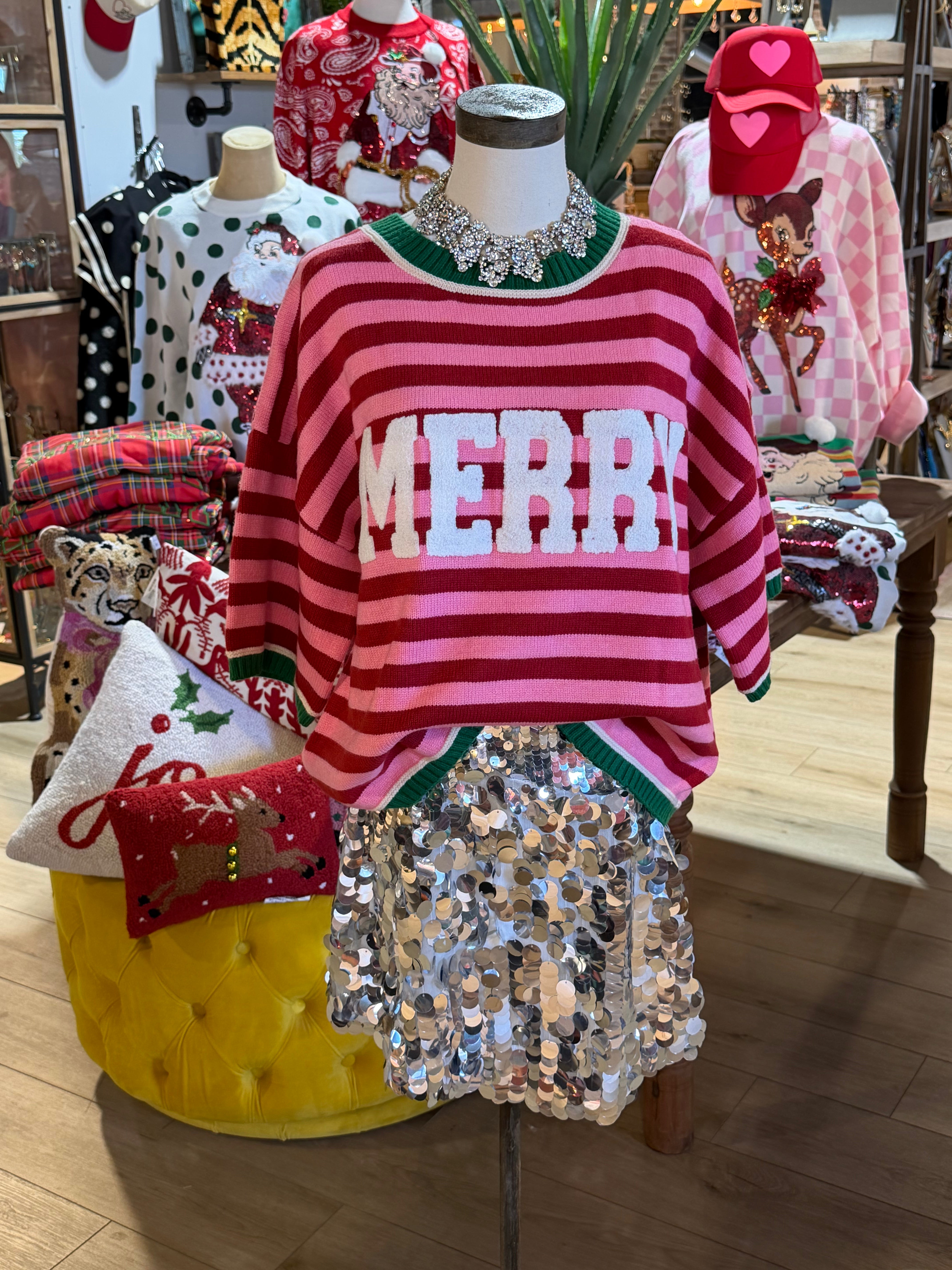 CHRISTMAS MERRY LETTERING STRIPE SWEATER- Assorted