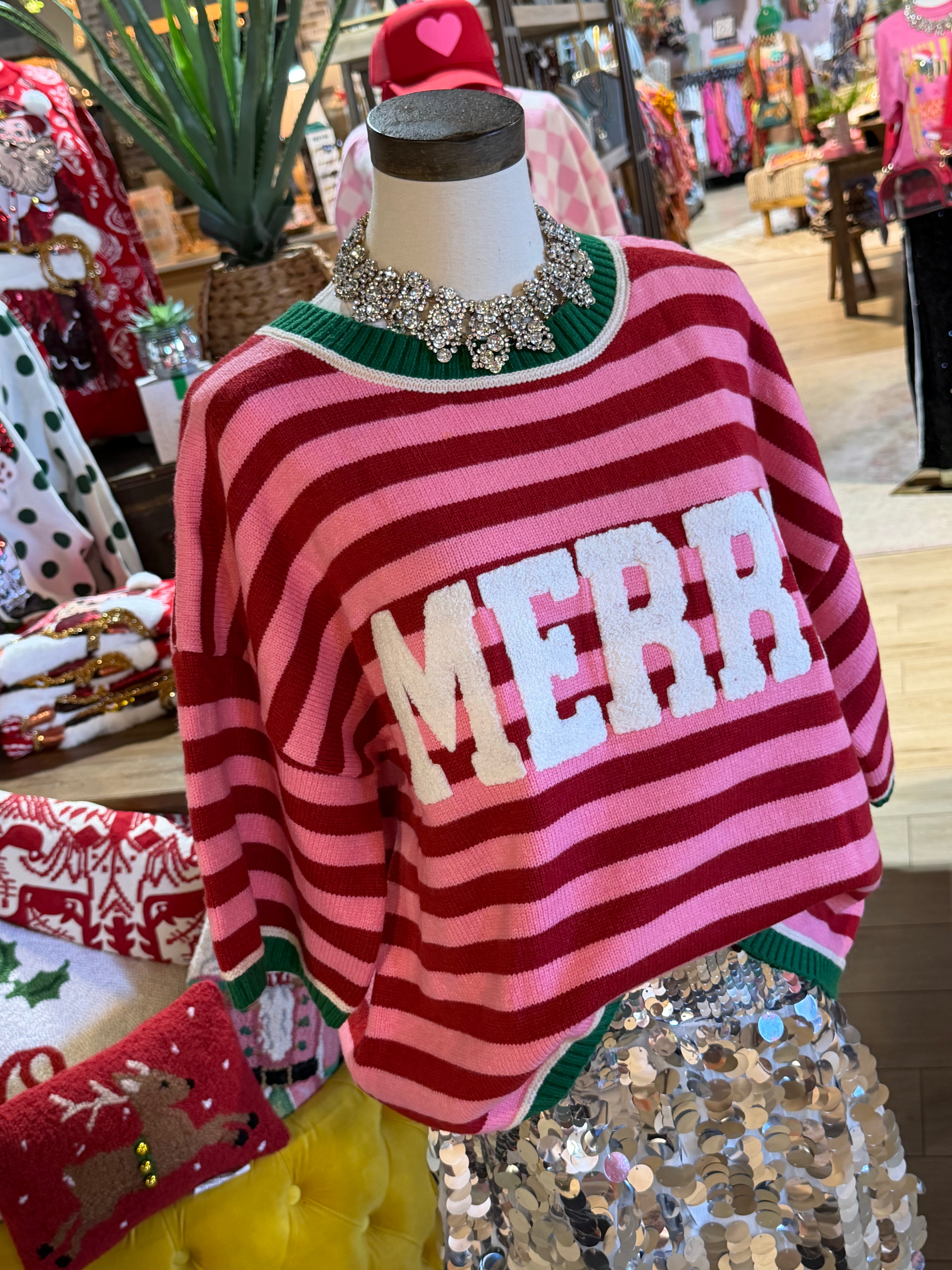 CHRISTMAS MERRY LETTERING STRIPE SWEATER- Assorted