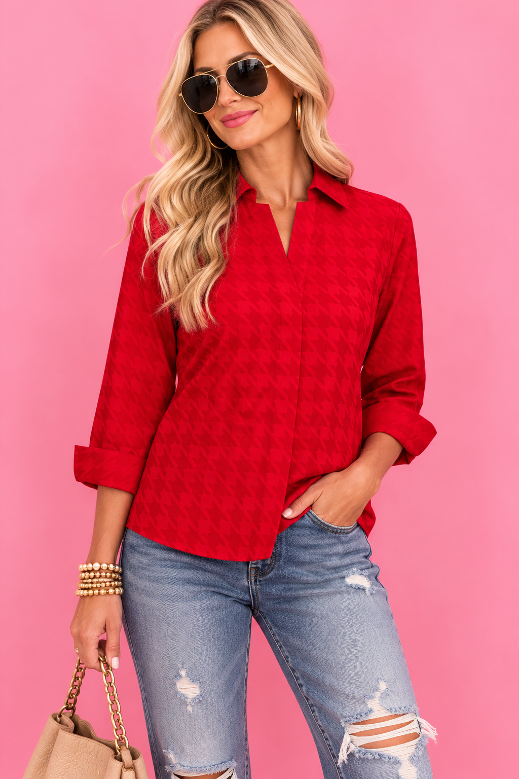 Red Houndstooth Blouse