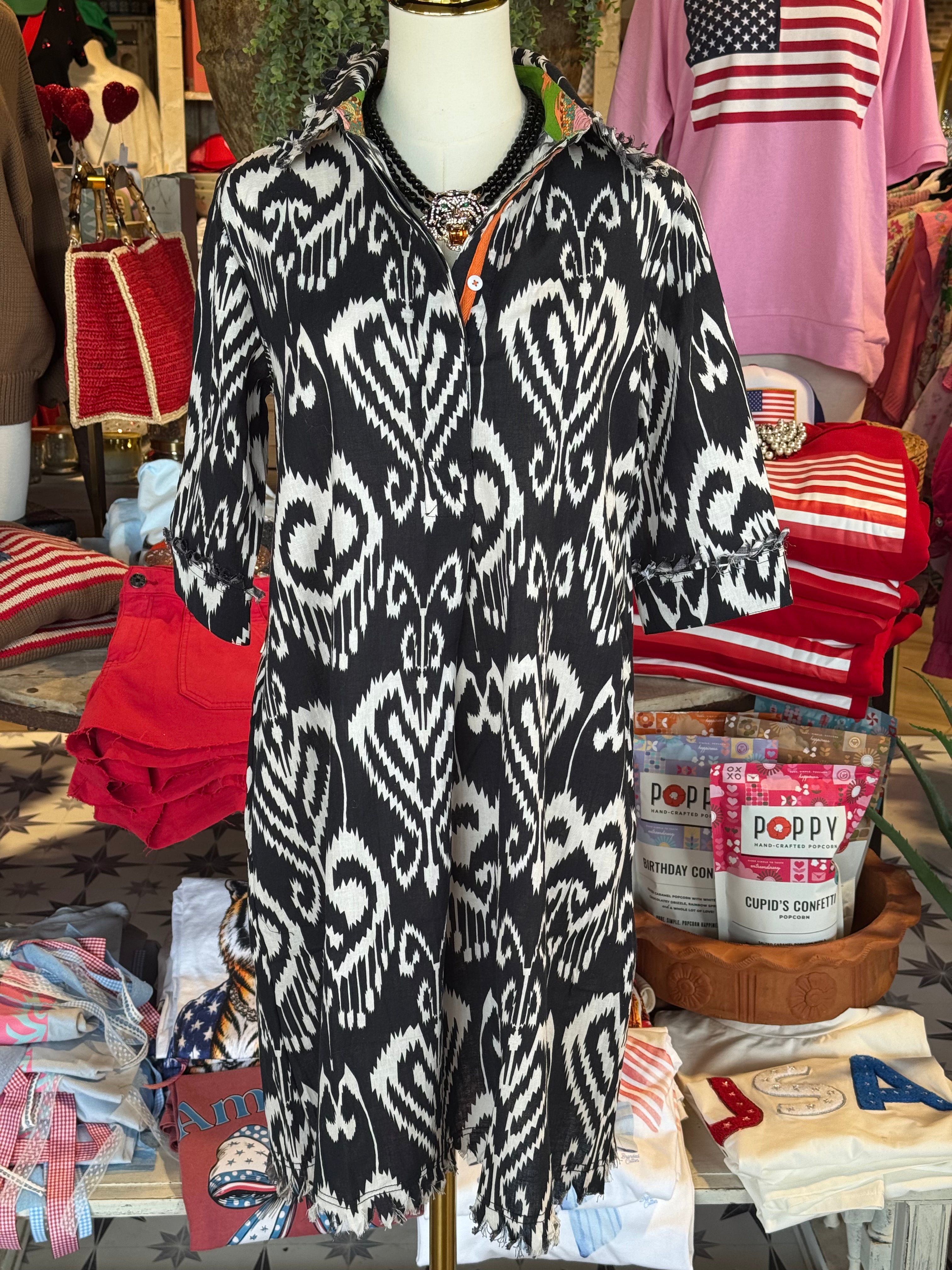 Chatham Dress Black and White Ikat