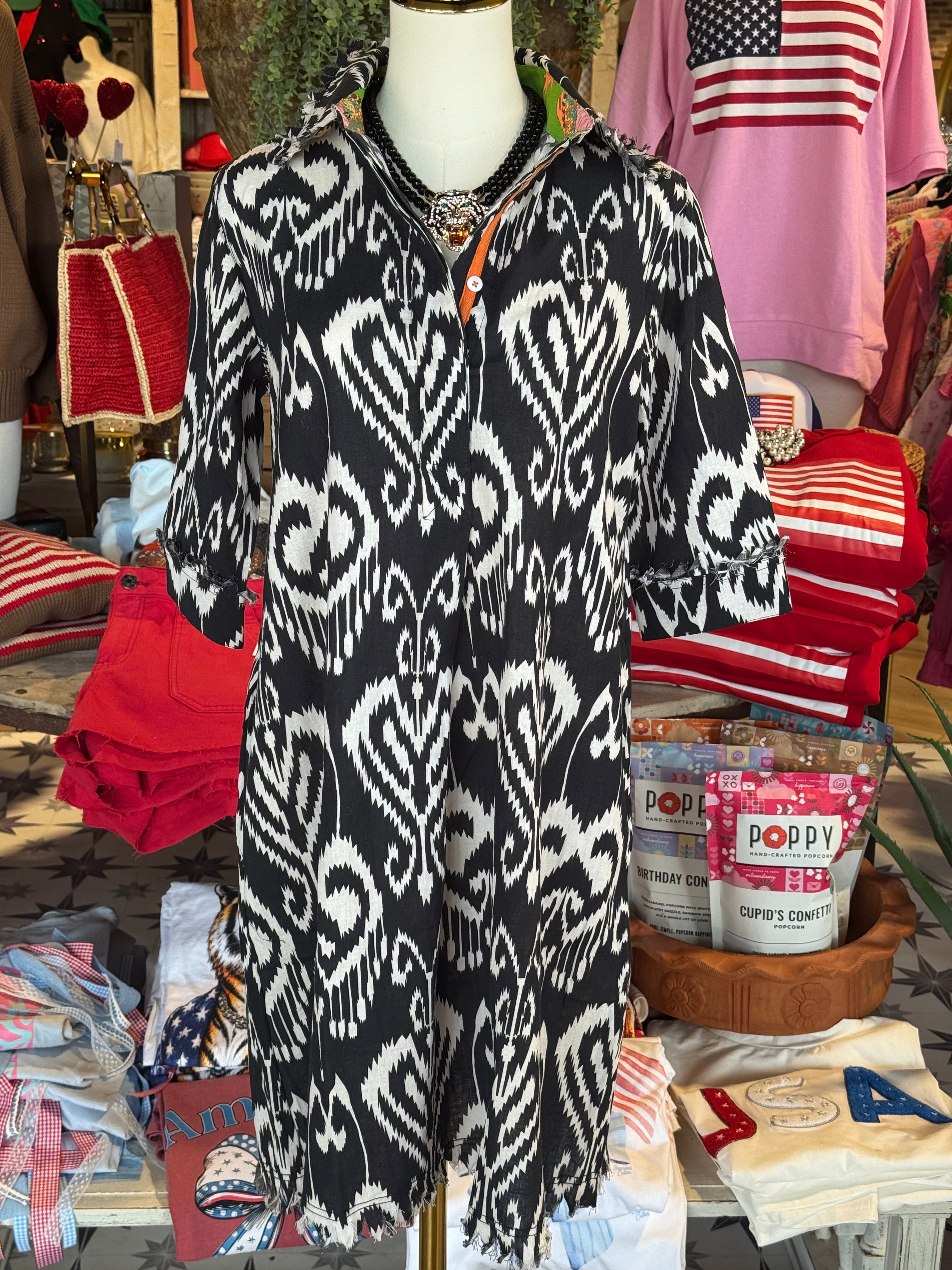 Chatham Dress Black and White Ikat