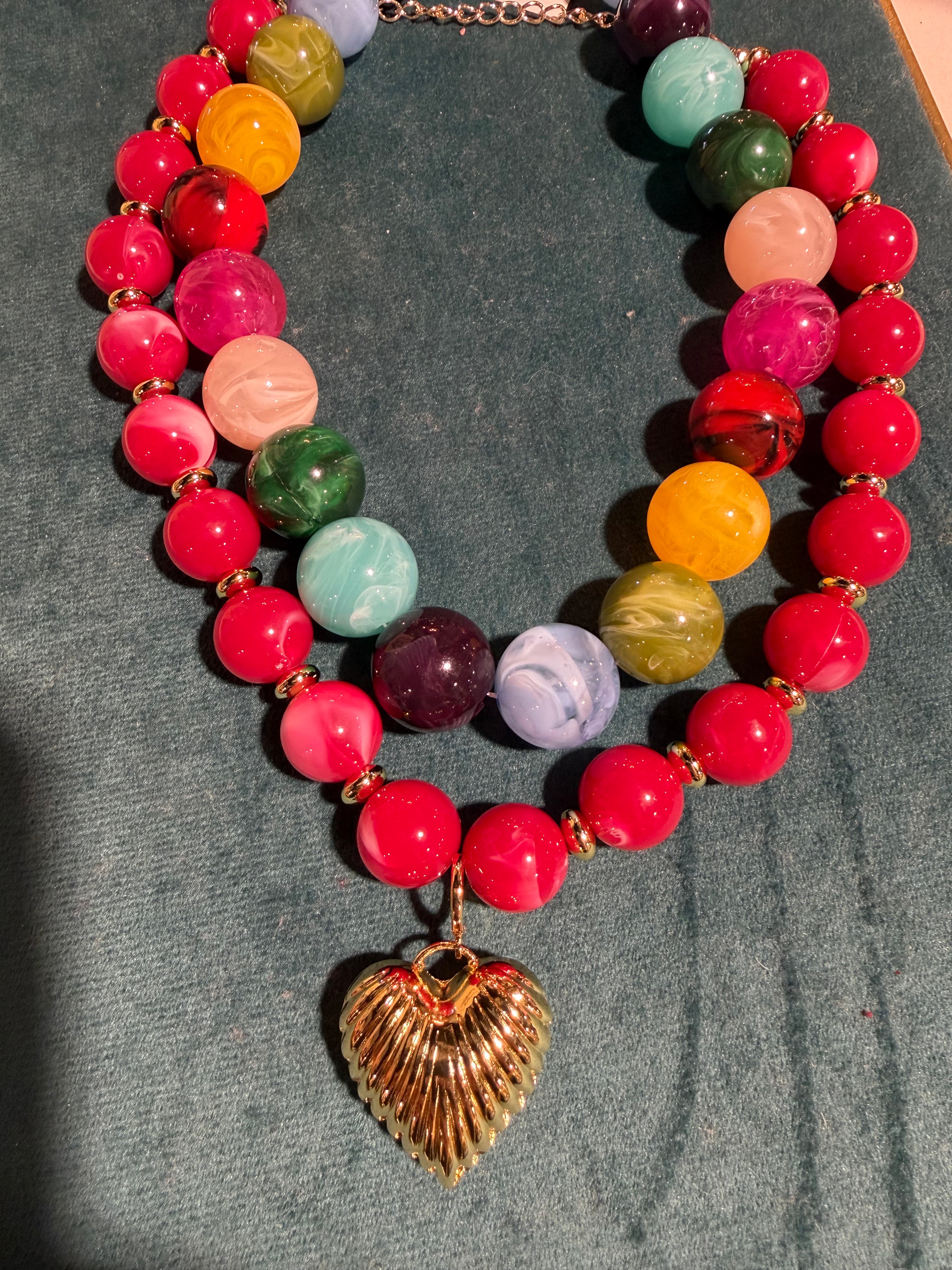 Lucas Beaded Necklace with Gold Heart Pendant - Hot Pink
